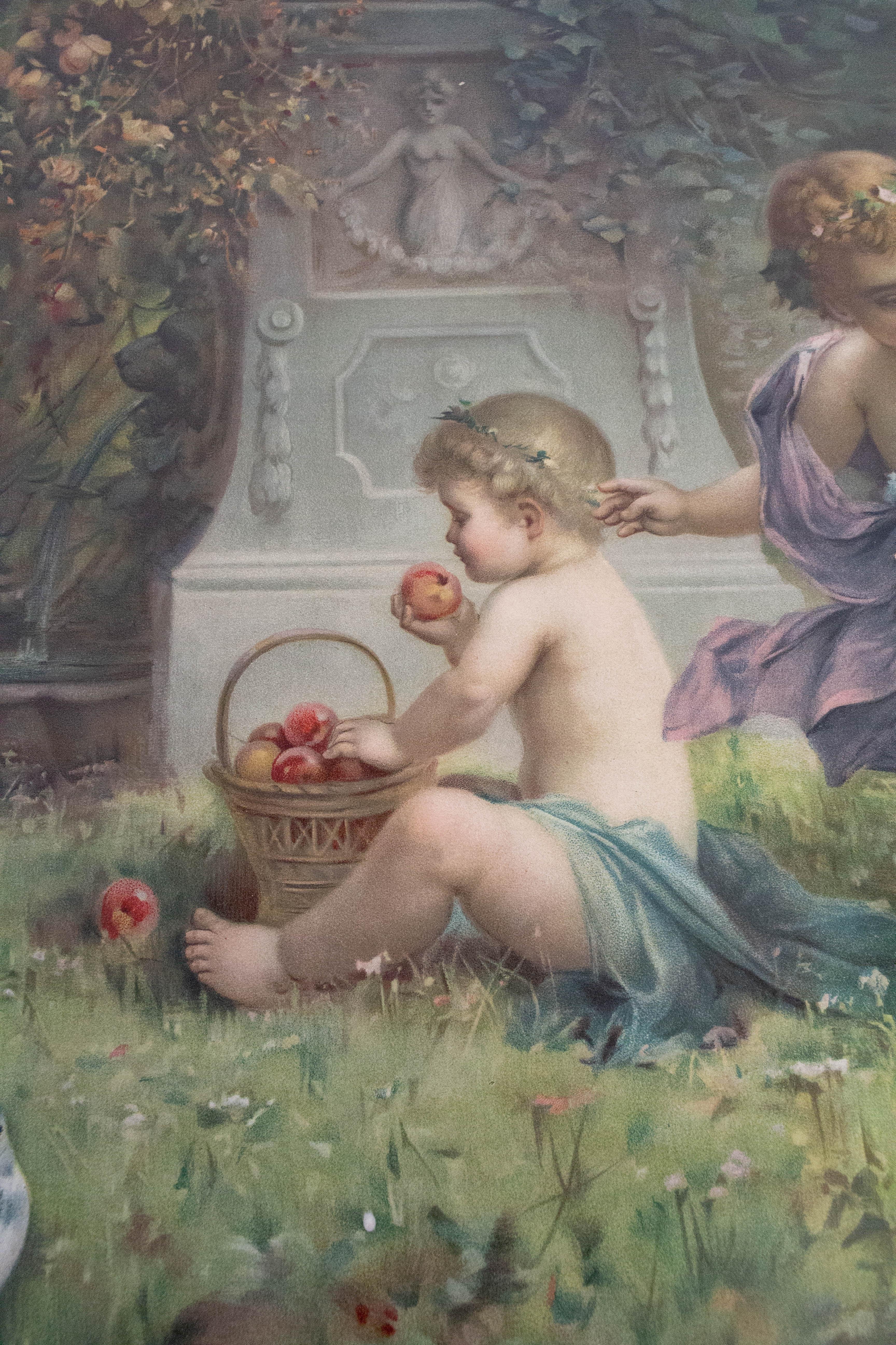 Chromo-lithographie Chérubins au jeu Zabateri, fin du XIXe siècle Bon état à Labrit, Landes