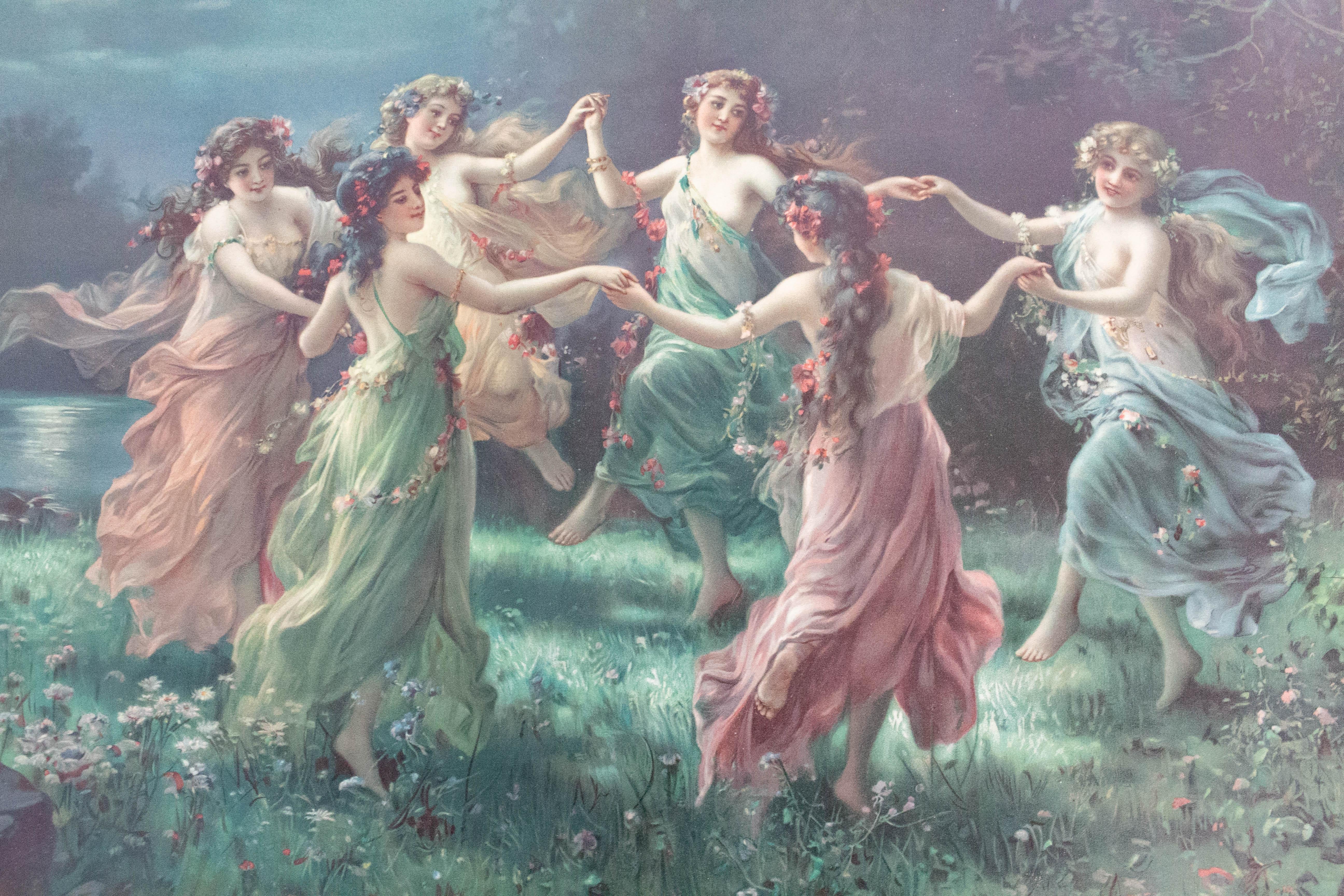 Tanz der Feen von Zabateri (Hans Zatzka).
Chromo-Lithografie, gedruckt Ende des 19. Jahrhunderts.
Soll eingerahmt werden.
Sehr guter Zustand.

Für den Versand: 117/50/2 cm.
