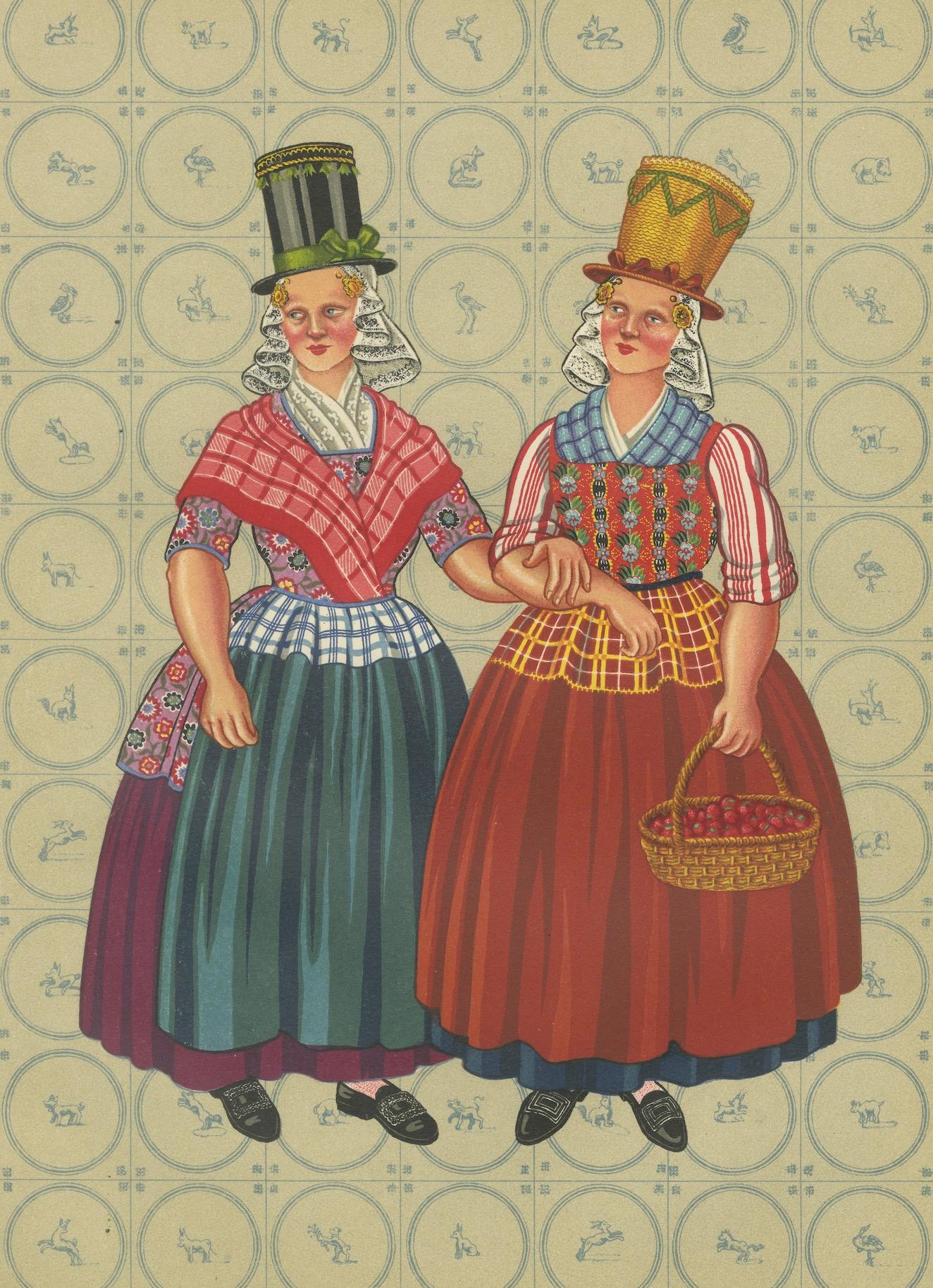 Donne frisone con cappelli alti e grembiuli a quadretti, 1932

Questa affascinante litografia colorata a mano è la lastra VII del volume The National Costumes of Holland del 1932, creato da Gratiane de Gardilanne e Elizabeth Whitney Moffatt, con