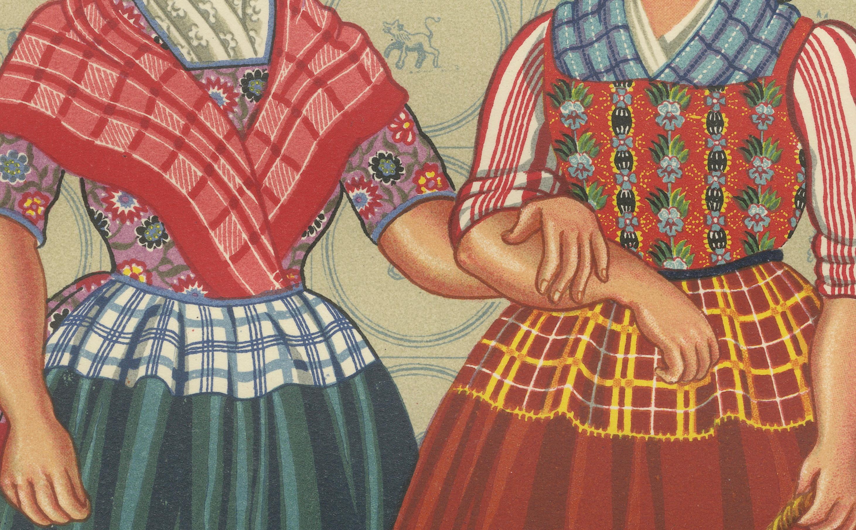 Metà XX secolo Cromolitografia di donne frisone con alti cappelli da domenica e grembiuli a quadretti, 1932 in vendita