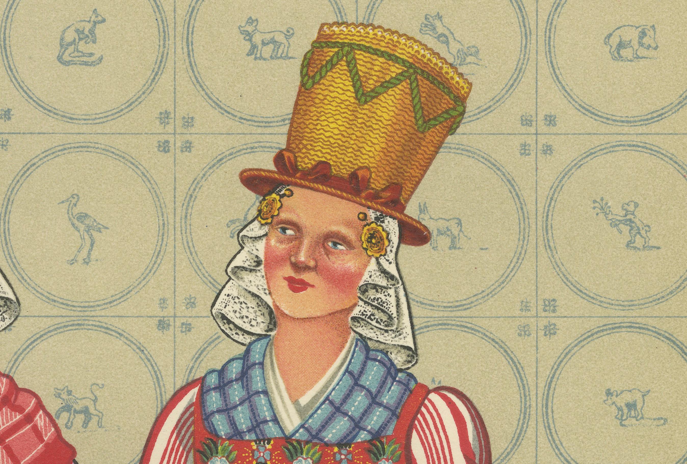 Carta Cromolitografia di donne frisone con alti cappelli da domenica e grembiuli a quadretti, 1932 in vendita