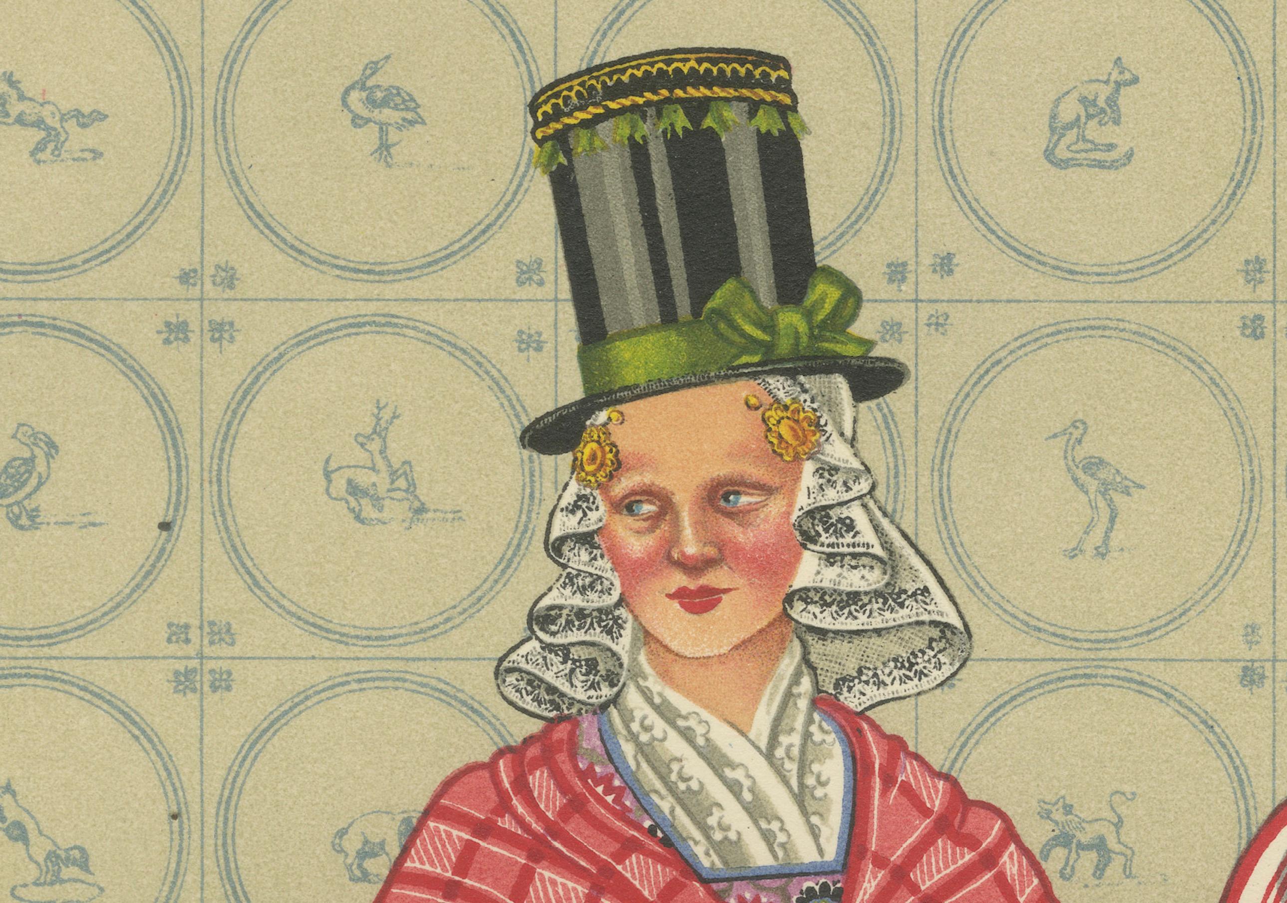 Cromolitografia di donne frisone con alti cappelli da domenica e grembiuli a quadretti, 1932 in vendita 1