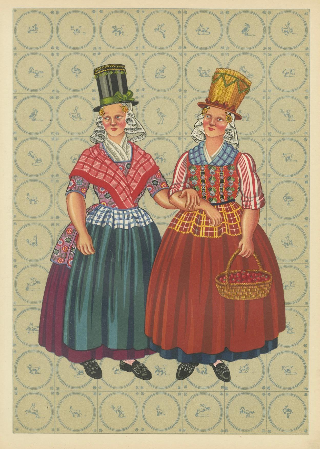 Cromolitografia di donne frisone con alti cappelli da domenica e grembiuli a quadretti, 1932 in vendita 2
