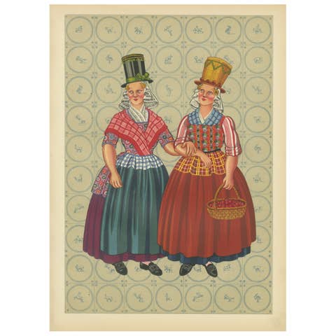 Chromolithograph of Frisian Women in Tall Sunday Hats and Checked Aprons, 1932