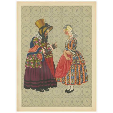 Chromolithograph of Groningen Women in Chintz and Flodder Muts Headdresses, 1932