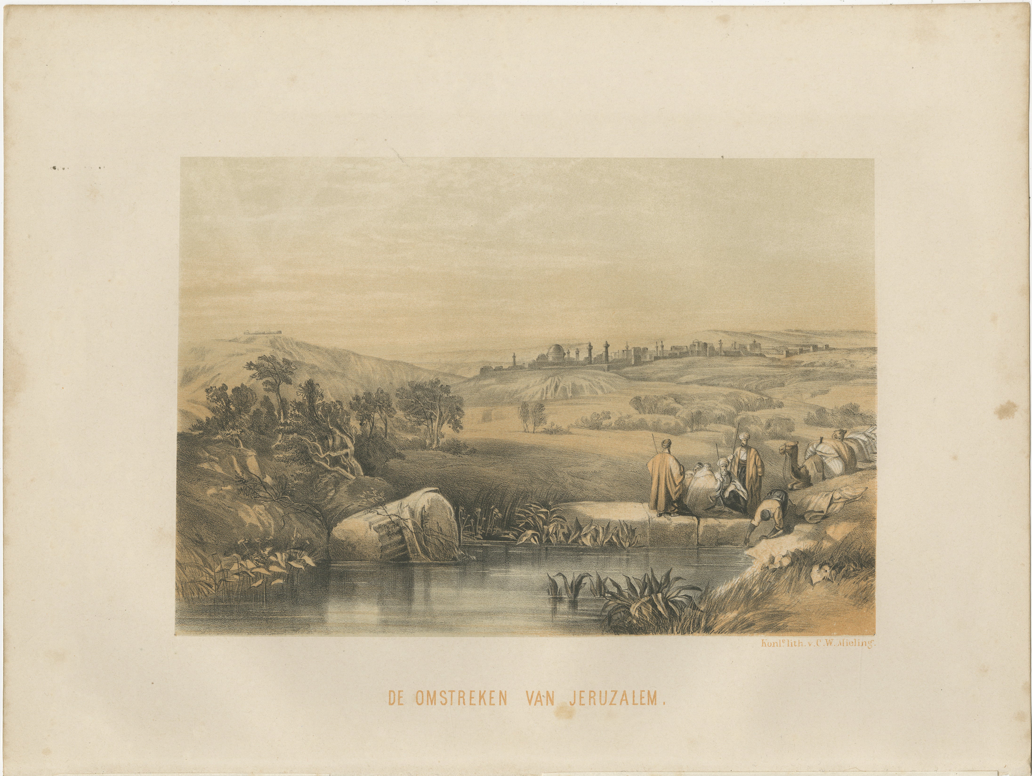 Título: Cromolitografía del siglo XIX de los alrededores de Jerusalén - Paisaje bíblico según David Roberts  

Descripción:  
Esta impresionante cromolitografía del siglo XIX capta los apacibles y amplios alrededores de Jerusalén, proporcionando una