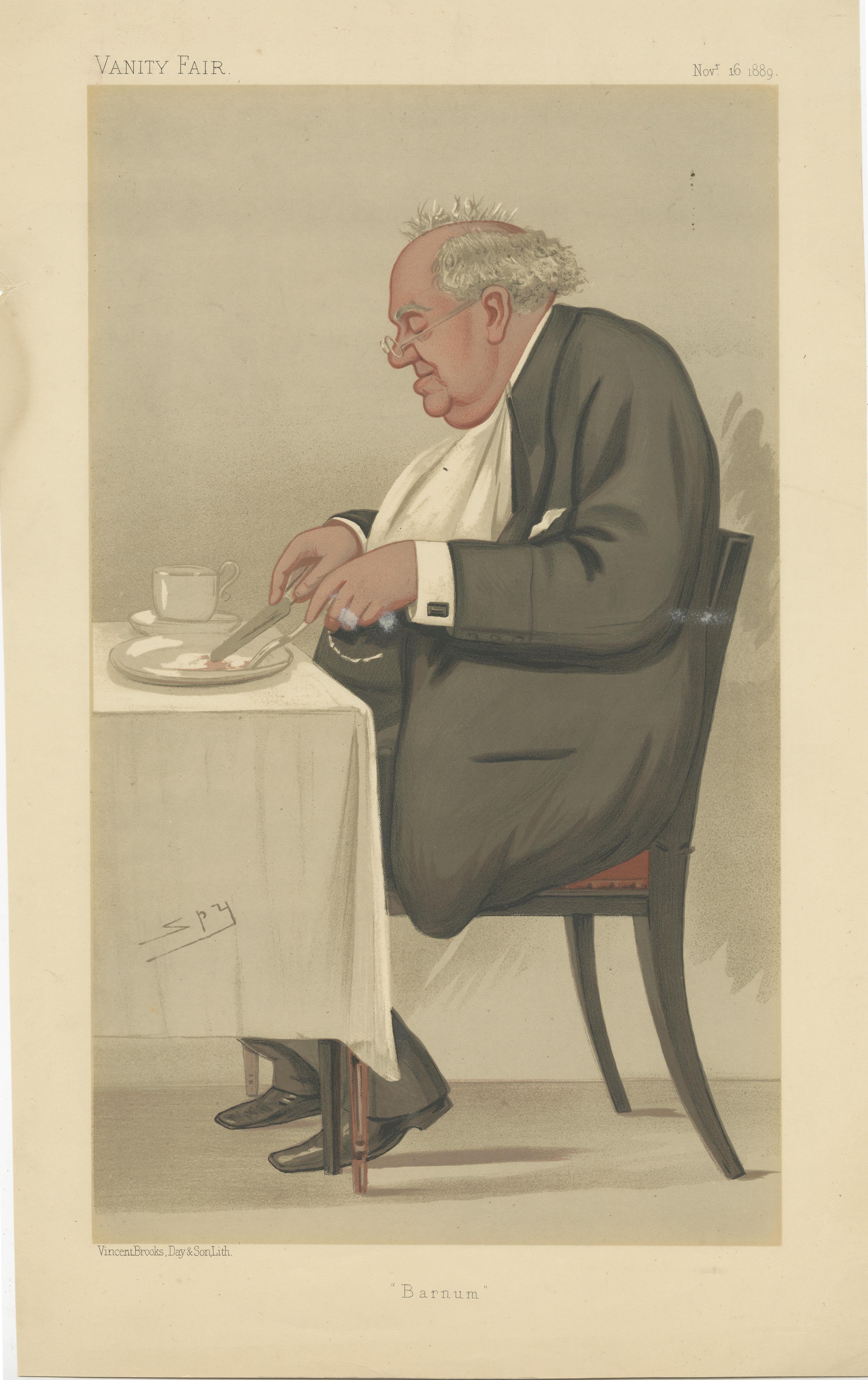 Chromolithograph titled 'Barnum'. Lithograph of P. T. Barnum. Phineas Taylor Barnum was an American showman, businessman, and politician, remembered for promoting celebrated hoaxes and founding the Barnum & Bailey Circus (1871–2017) with James