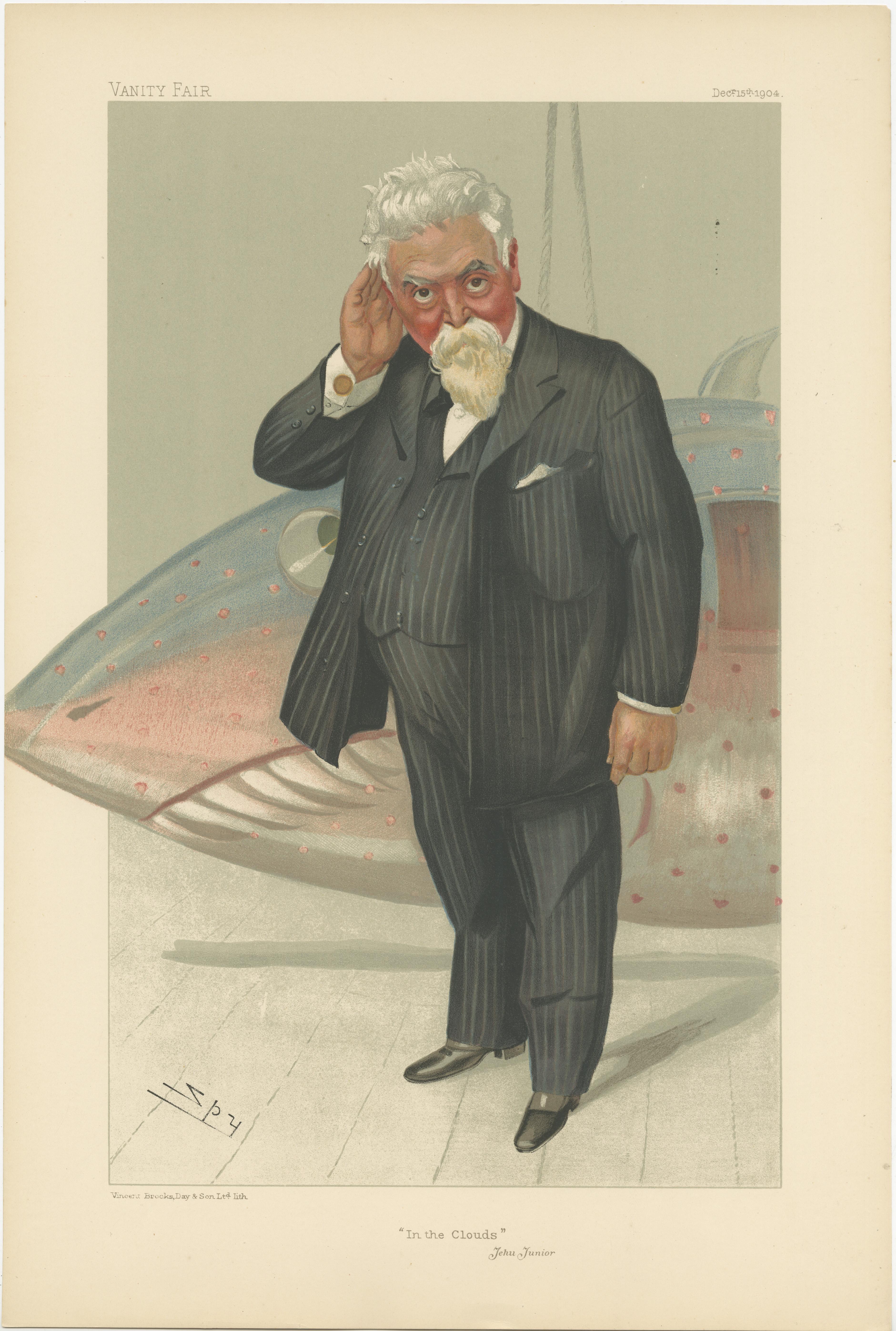 Chromolithograph titled 'In the Clouds'. Lithograph of Sir Hiram Stevens Maxim, an American-British inventor best known as the creator of the first automatic machine gun, the Maxim gun. This print originates from 'Vanity Fair'. Published 1904.