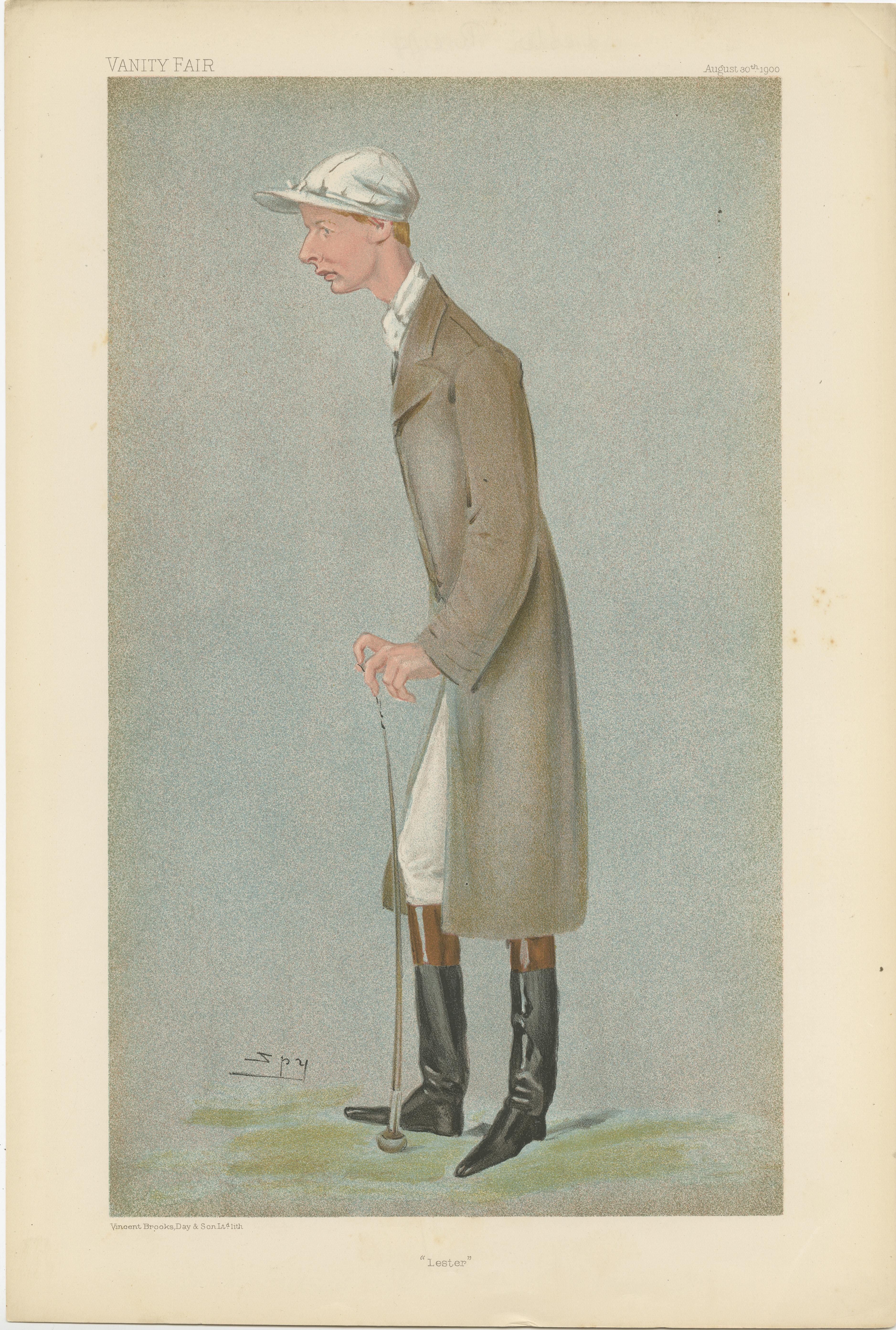 Chromolithograph titled 'Lester'. Lester Berchart Reiff (1877–1948) was an American jockey who achieved racing acclaim in the United Kingdom in the first decade of the twentieth century. In 1900, he was the number one jockey racing in Britain based