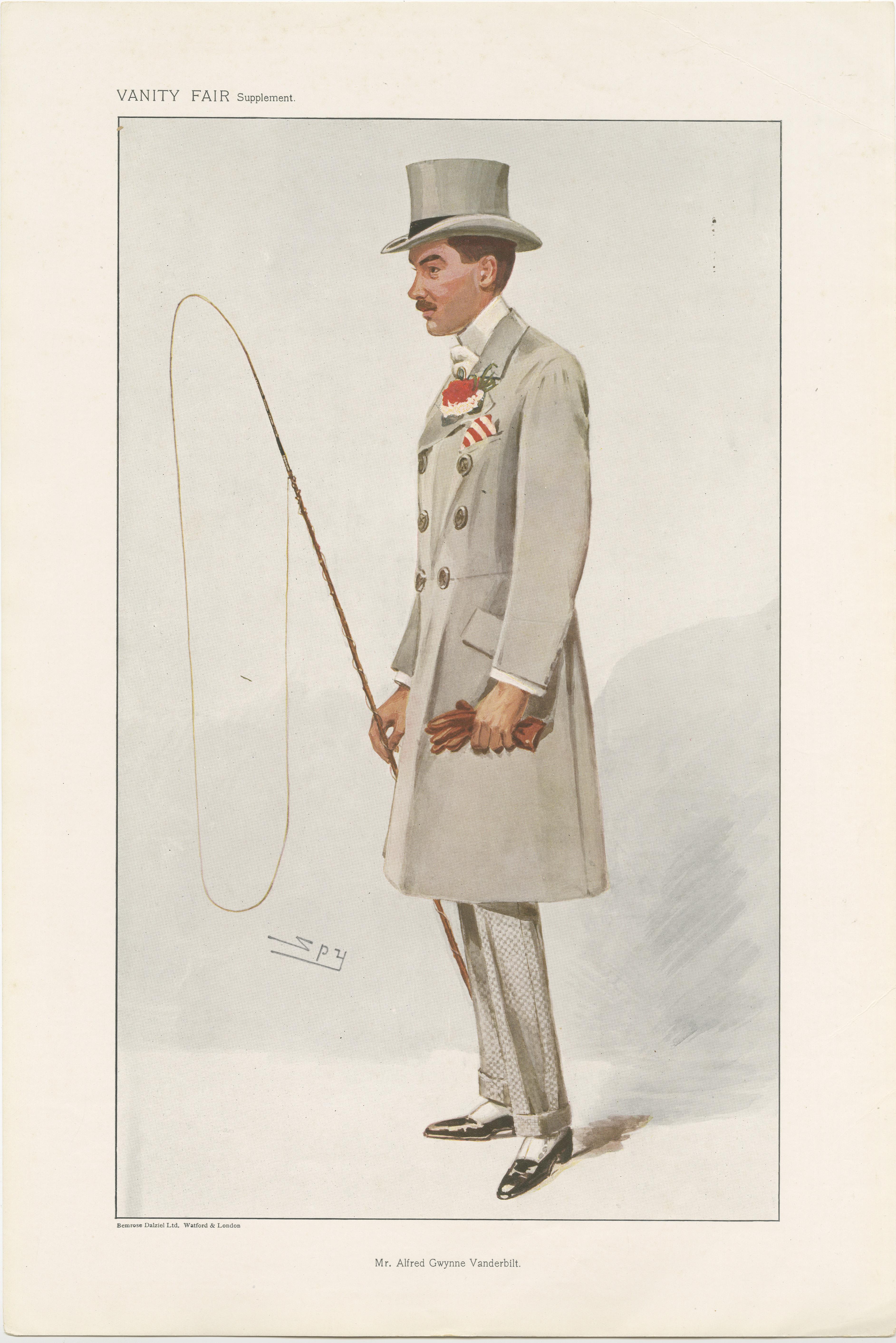 Chromolithograph titled 'Mr. Alfred Gwynne Vanderbilt'. Lithograph of Alfred Gwynne Vanderbilt Sr. a wealthy American businessman, and a member of the Vanderbilt family. A sportsman, he participated in and pioneered a number of related endeavors. He