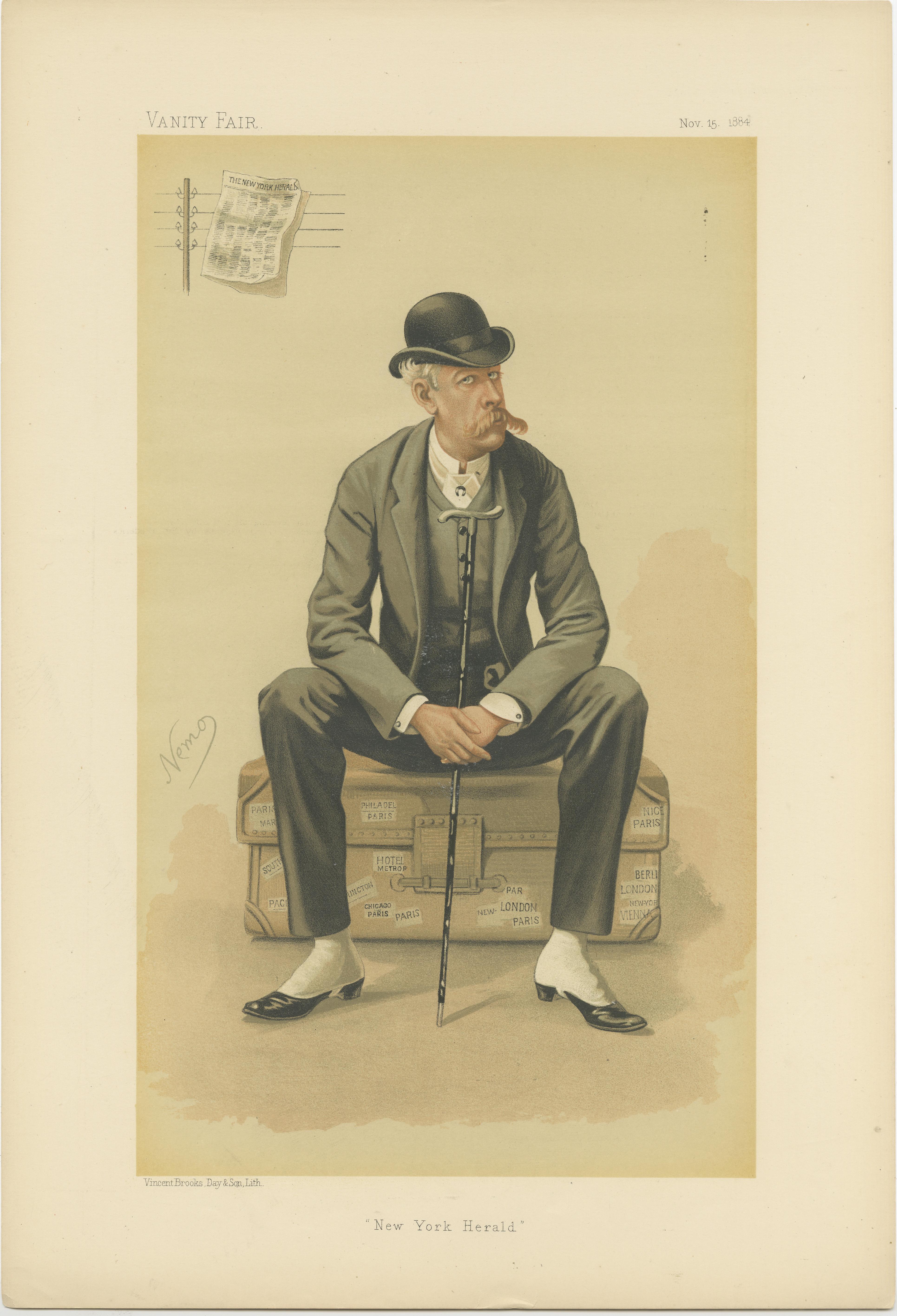 Chromolithograph titled 'New York Herald'. Lithograph of James Gordon Bennett Jr. publisher of the New York Herald, founded by his father, James Gordon Bennett Sr. (1795–1872), who emigrated from Scotland. He was generally known as Gordon Bennett to