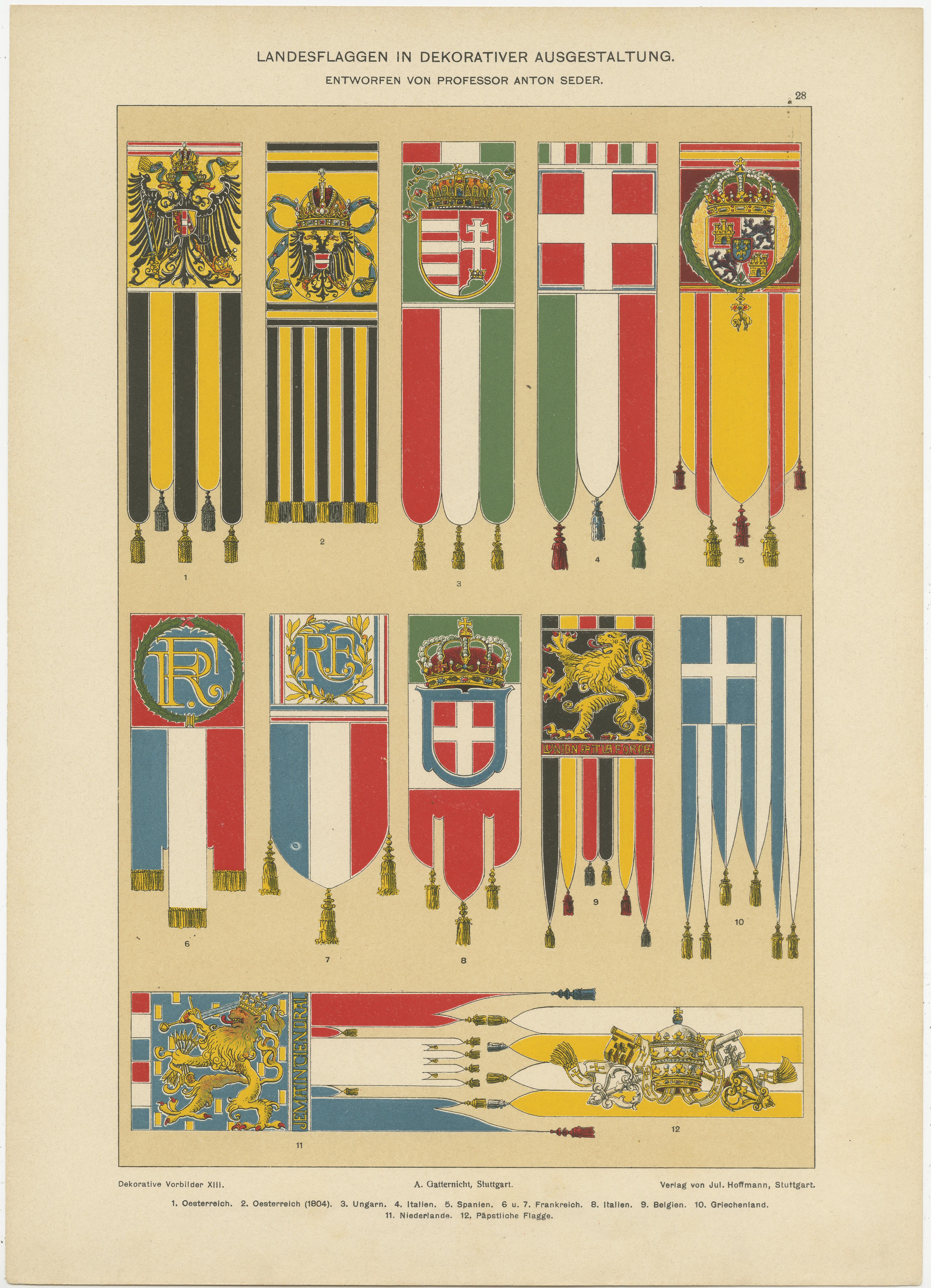 Antique print titled 'Landesflaggen in dekorativer Ausgestaltung'. This chromolithograph shows flags of various countries including Austria, Hungary, Italy, Spain and others. This print originates from 'Dekorative Vorbilder' published by J. Hoffman,
