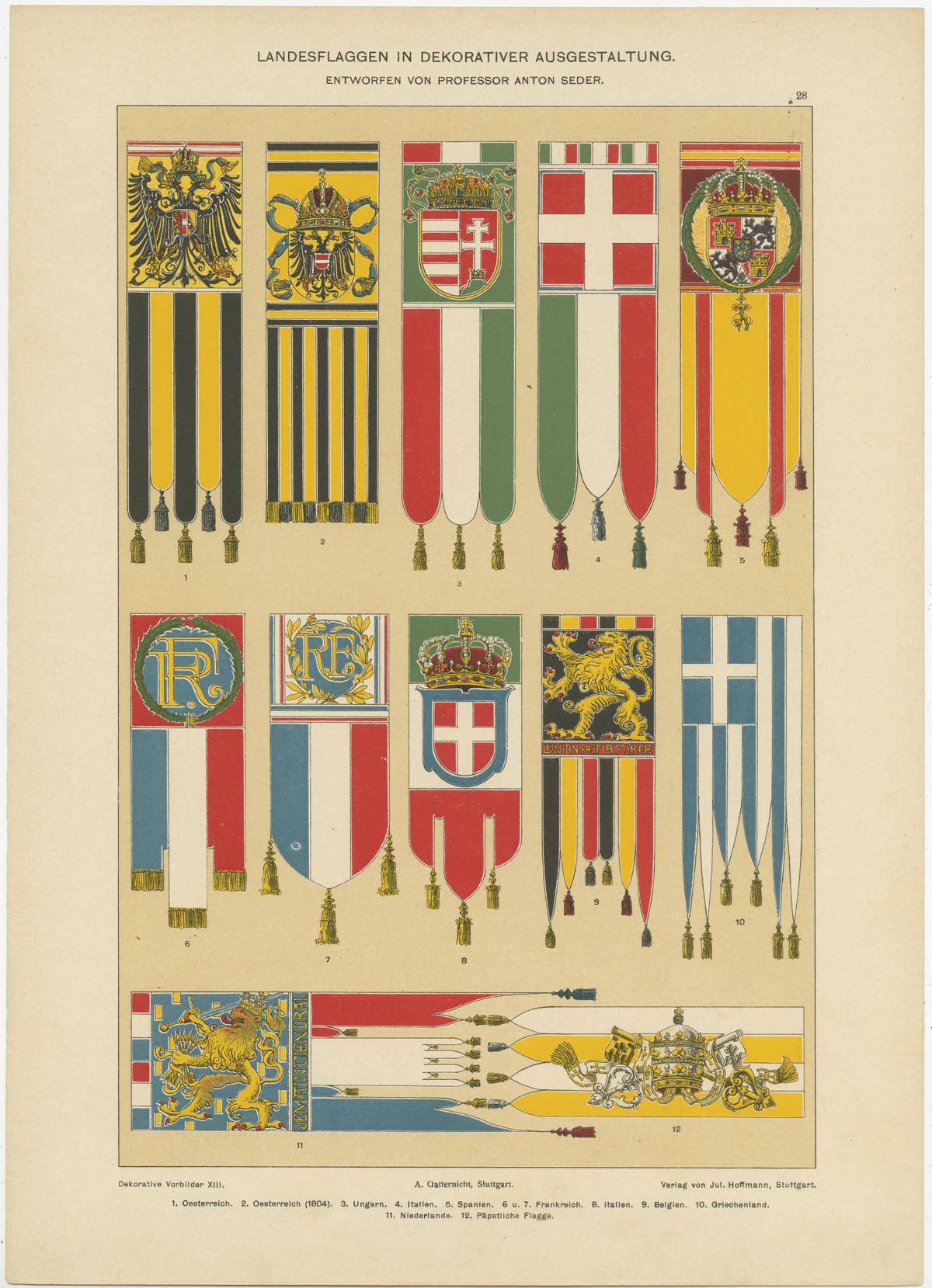 Chromolithograph with Flags of Austria, Hungary, Italy and other Countries