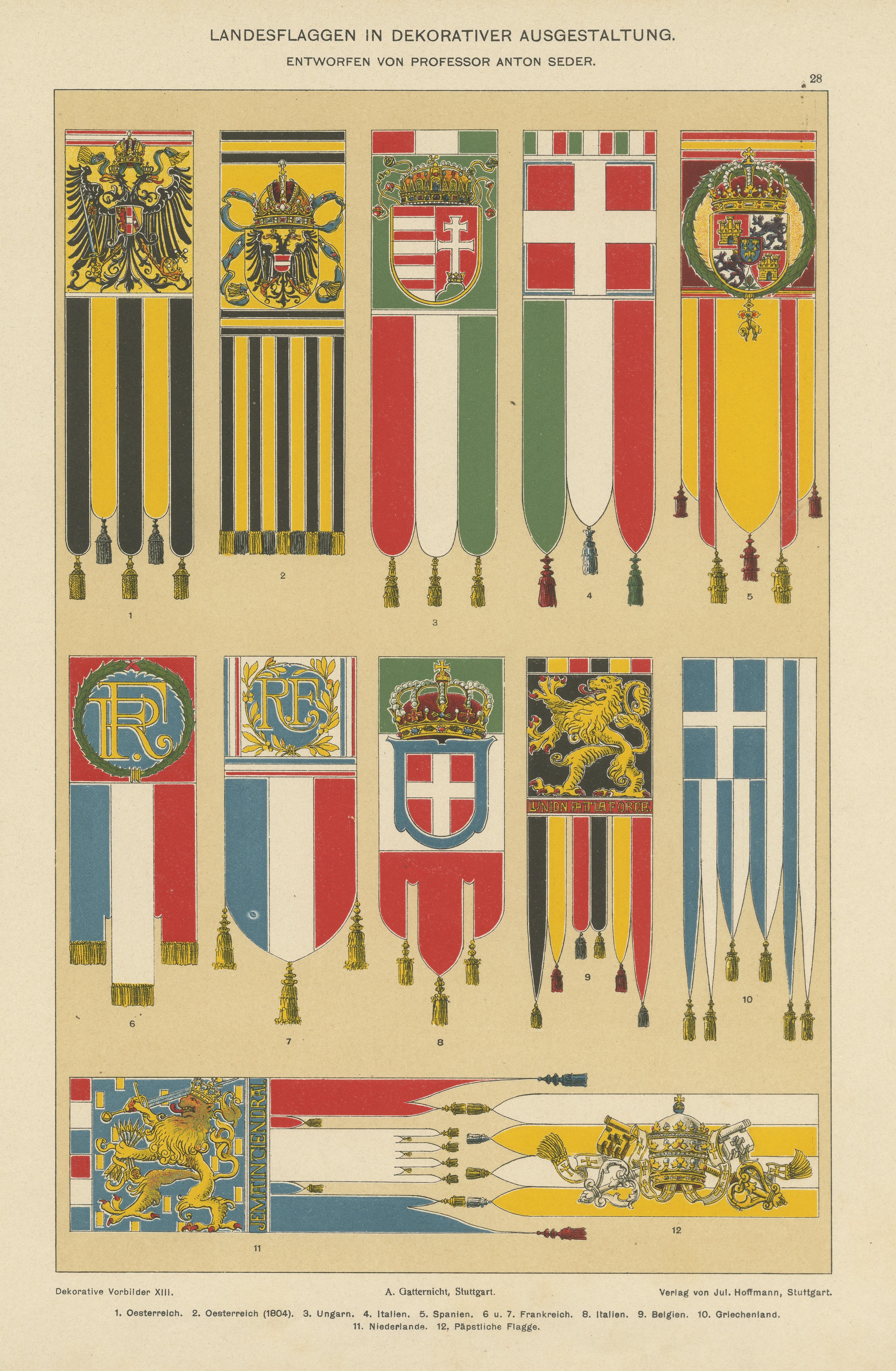 Chromolithograph with Flags of Austria, Hungary, Italy and other Countries In Good Condition For Sale In Langweer, NL
