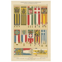 Chromolithographie mit Flaggen von Österreich, Ungarn, Italien und anderen Ländern