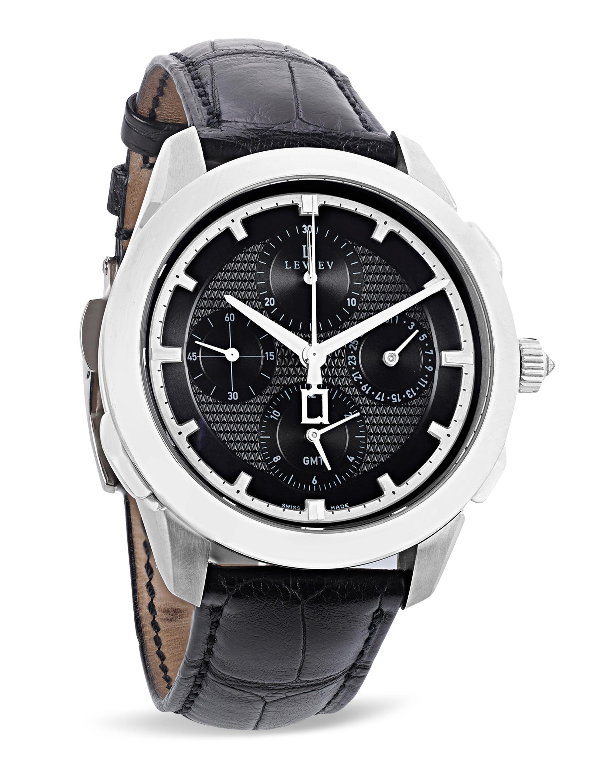 This stylish men's chronograph wristwatch by Leviev boasts a self-winding mechanical mechanism with complications by the famed Lajoux-Perret. The dial not only displays the hours, minutes, seconds and date, but also features a second time zone and a
