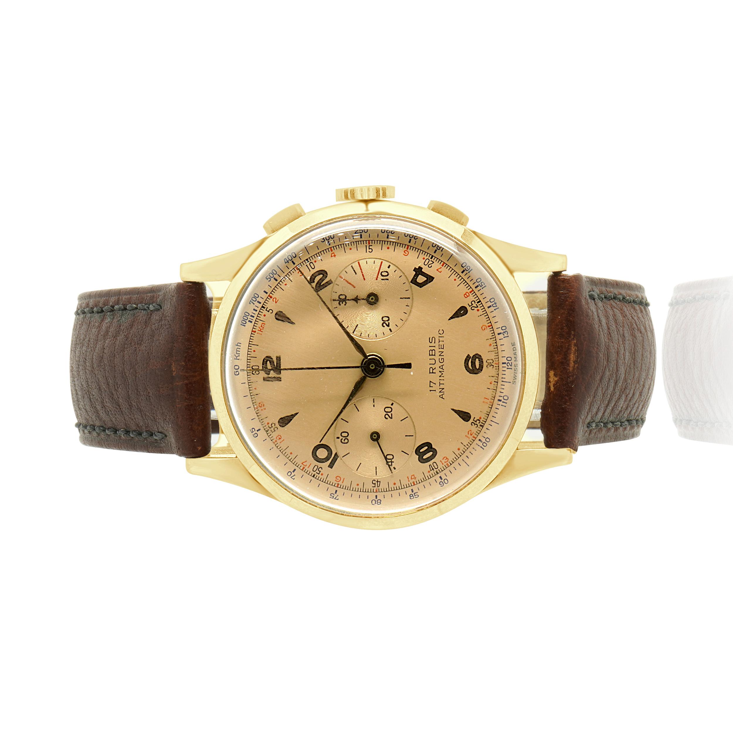 Brand: Chronograph Suisse
Movement: manual wind
Function: seconds, minutes, hours, 30 minute register, chronograph
Case: 37.5mm rose gold case, plastic crystal, smooth bezel
Band: brown leather band, buckle
Dial: rose
Reference #: Chronograph