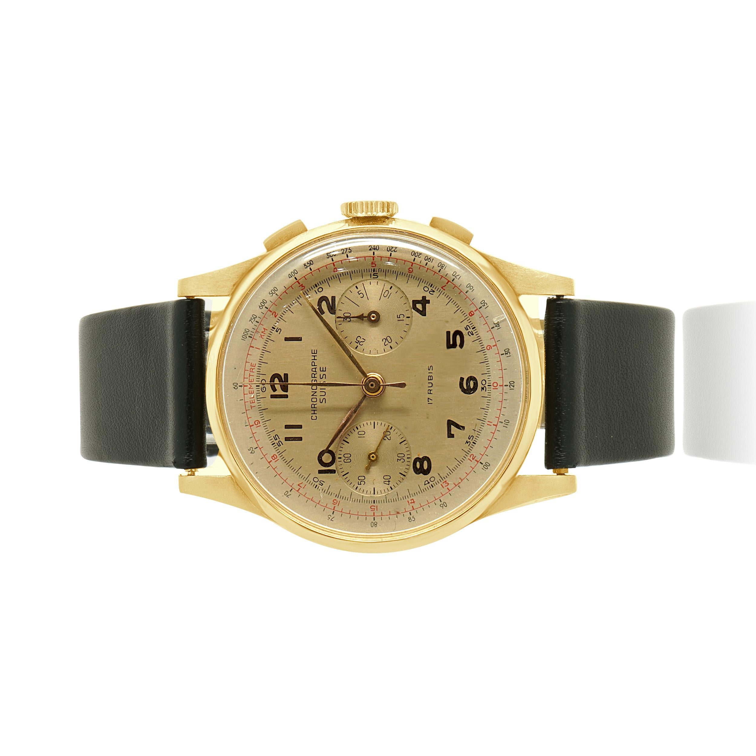 Brand: Chronograph Suisse
Movement: manual wind
Function: seconds, minutes, hours, 30 minute register, chronograph
Case: 37mm rose gold case, plastic crystal, smooth bezel
Band: black leather band, buckle
Dial: champagne
Reference #: Chronograph