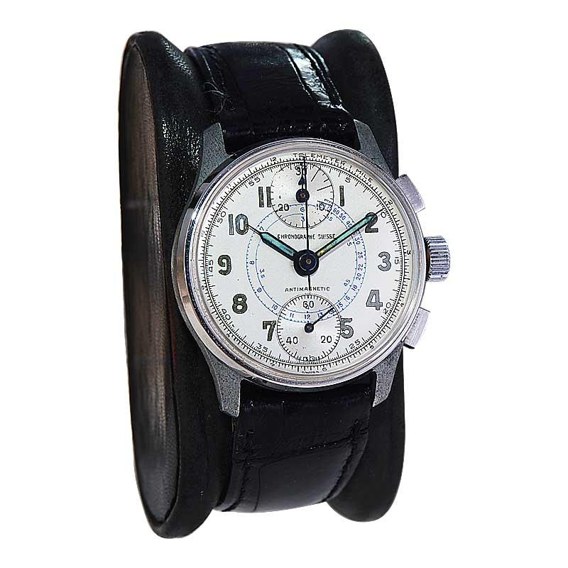 Art Deco Chronograph Suisse Steel Chronograph with Original Dial 1940's For Sale