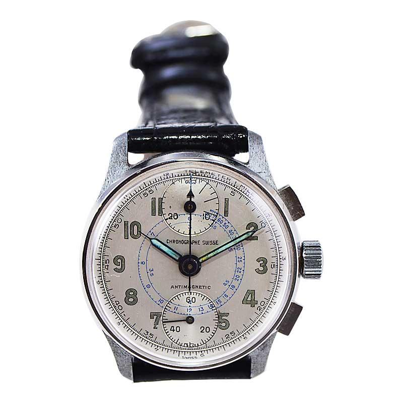 Women's or Men's Chronograph Suisse Steel Chronograph with Original Dial 1940's For Sale