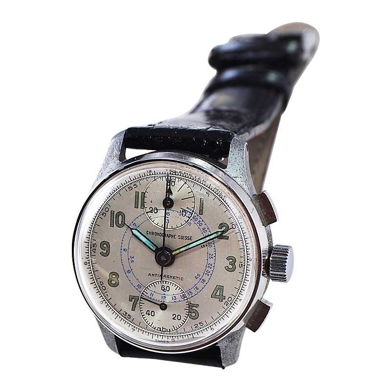 Chronograph Suisse Steel Chronograph with Original Dial 1940's For Sale 1