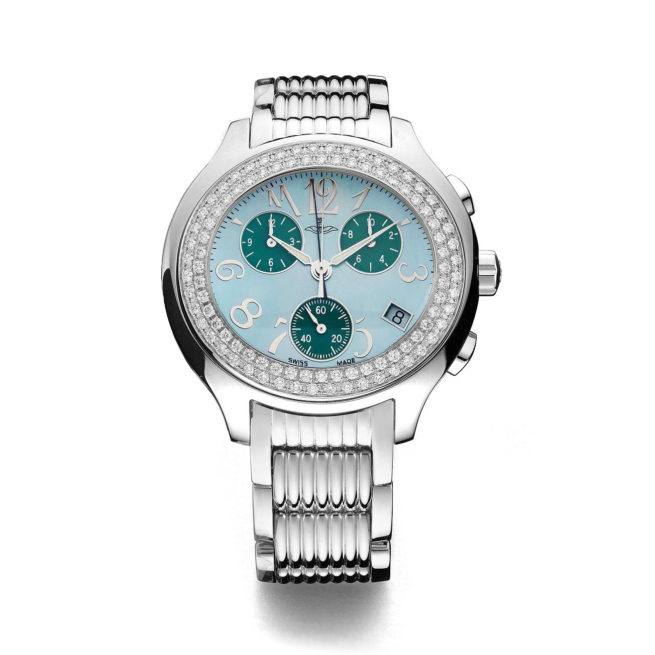 Montre chronographe en acier lunette sertie de 120 diamants 1.61 cts vert cadran en nacre, bracelet en acier mouvement à quartz.