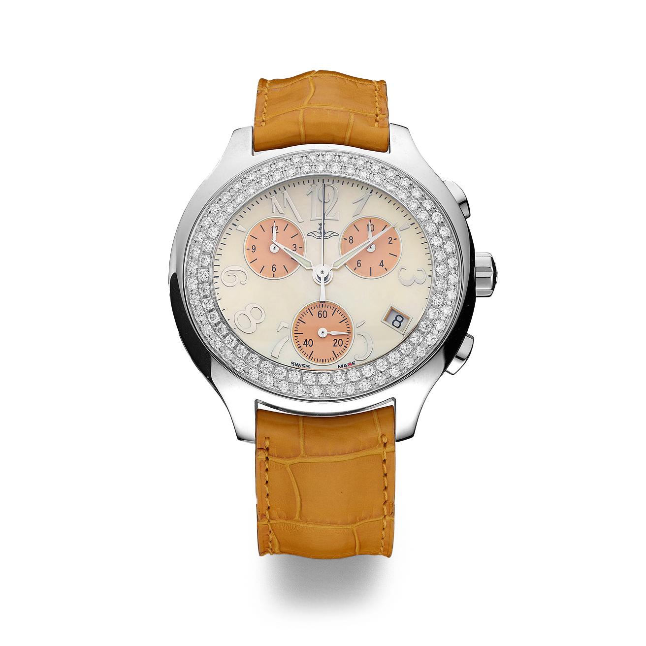 Chronograph watch in steel bezel set with 96 diamonds 1.88 cts orange mother of pearl dial, prong buckle alligator strap quartz movement.