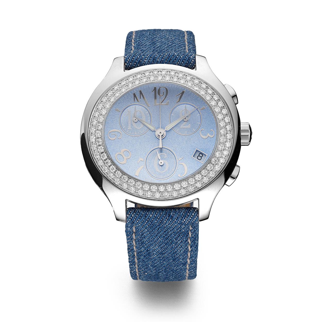 Chronograph watch in steel bezel set with 96 diamonds 1.88 cts blue dial, prong buckle alligator strap quartz movement.            