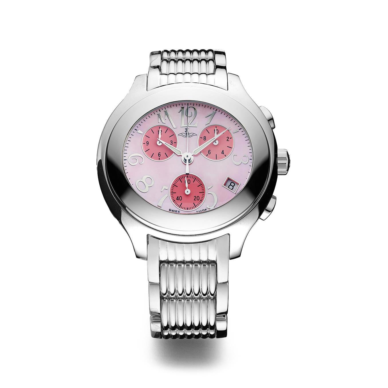 Montre chronographe en acier sertie d'un cadran en nacre rose bracelet en acier mouvement à quartz.        