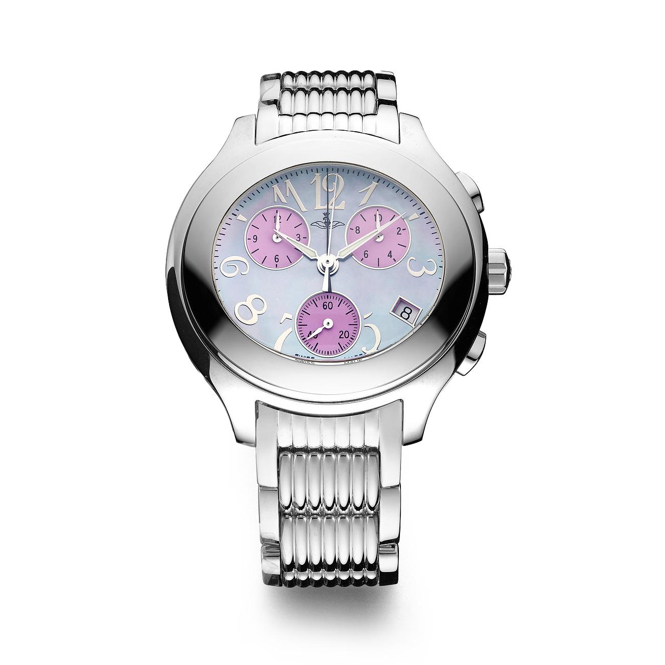 Chronograph watch in steel set with blue mother of pearl dial steel bracelet quartz movement.