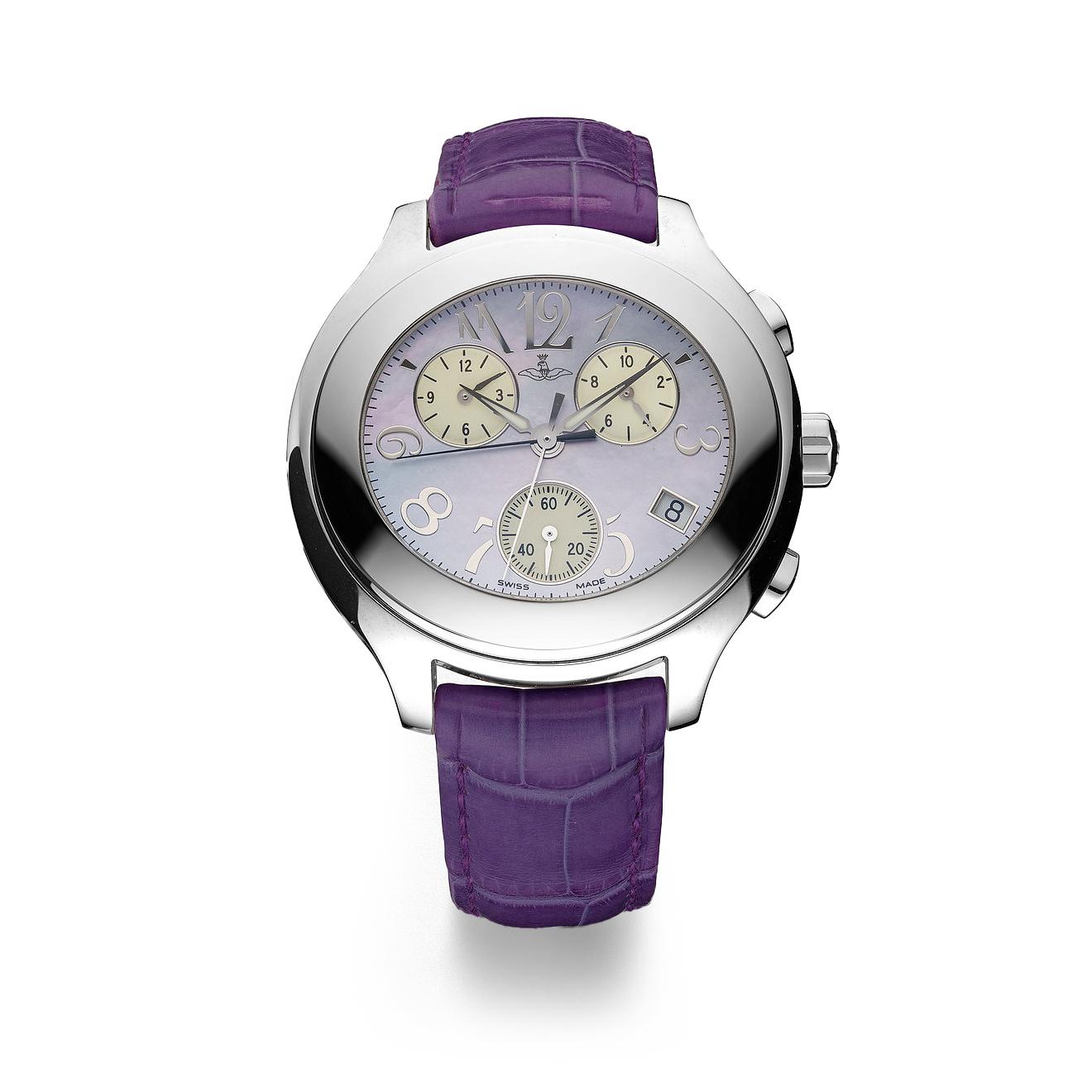 Chronograph watch in steel set with mauve mother of pearl dial prong buckle alligator strap quartz movement.     