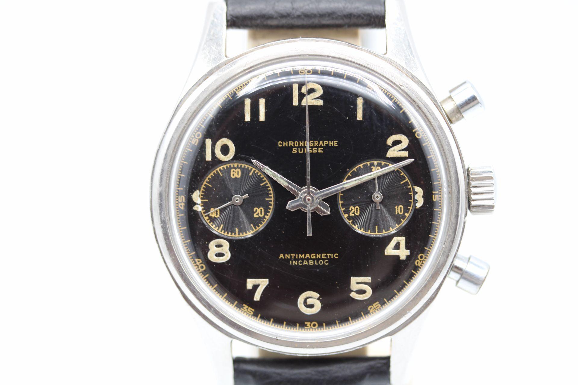 A rare find! This is a special watch even more so in such condition.

This Chronographe Suisse is one of the first waterproof Chronographs of the time in fact it used a patented case type to ensure that the watch remained waterproof despite many of