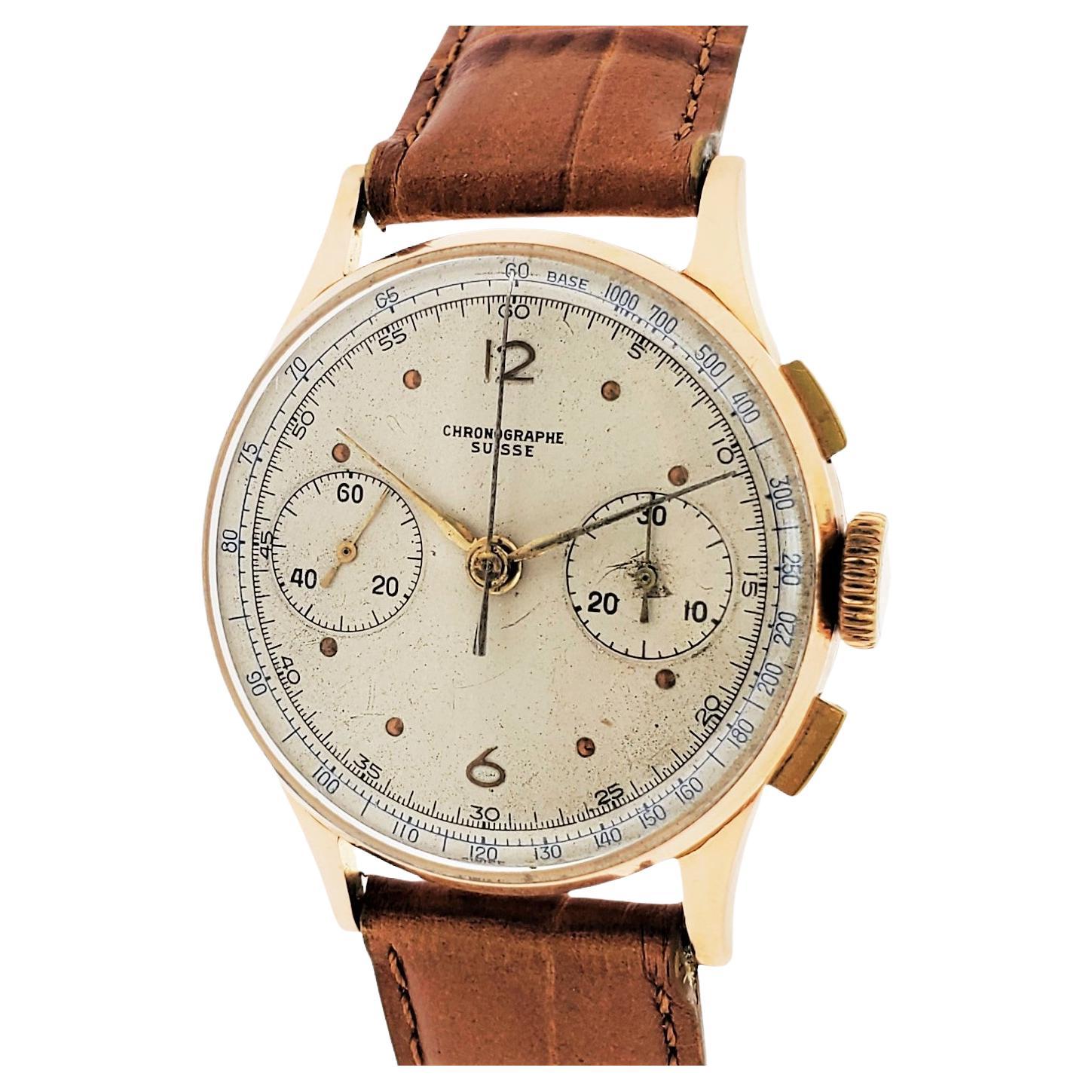 Chronographe Swisse Vintage Chronograph, Made in 18k Rose Gold, circa 1950s For Sale