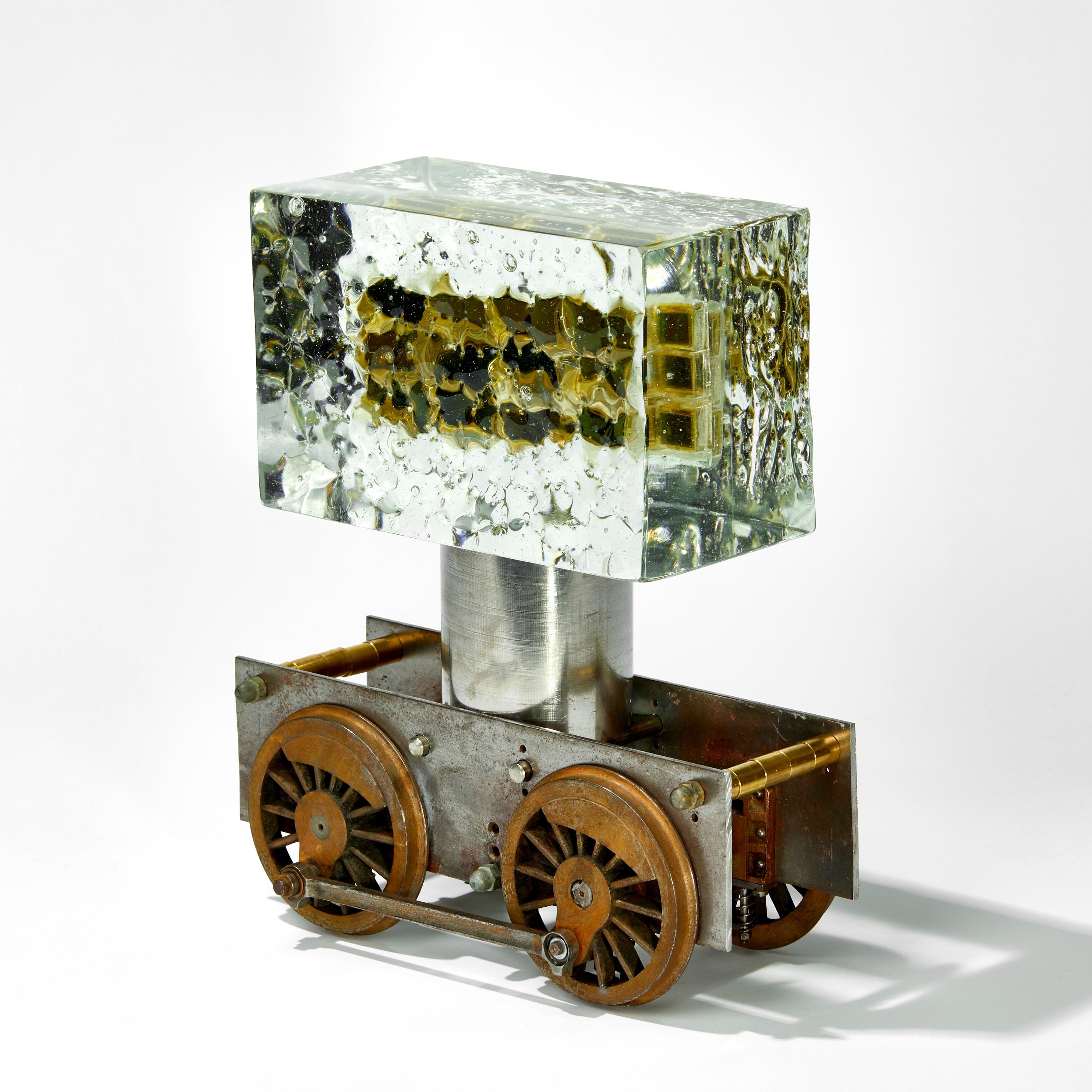 Organic Modern Chronos, an Aged Clear Glass and Steel Abstract Train Sculpture by Jon Lewis