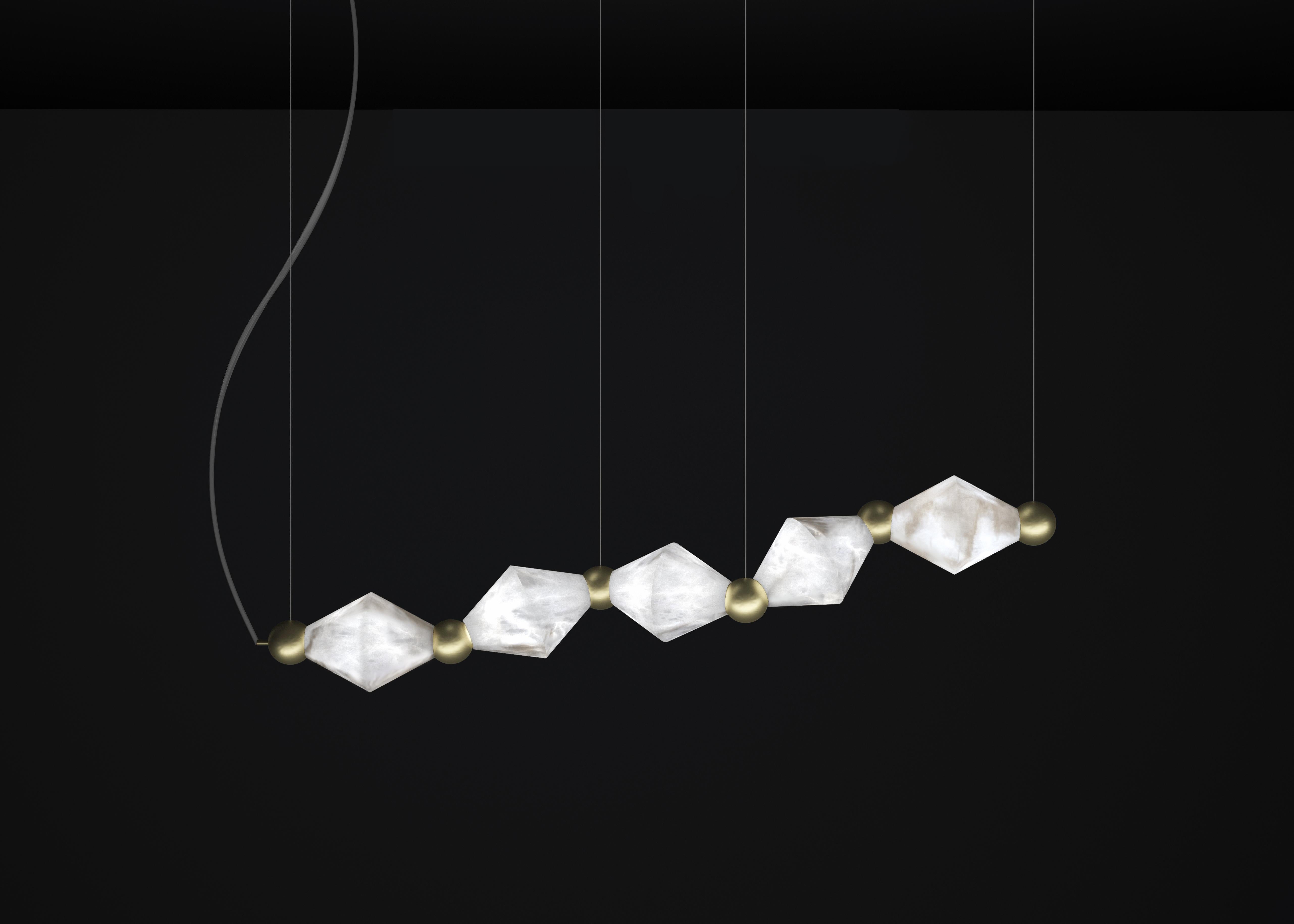 Chronos Brushed Brass Metal Pendant Lamp by Alabastro Italiano
Dimensions: D 21 x W 142 x H 31 cm.
Materials: White alabaster and brass.

Available in different finishes: Shiny Silver, Bronze, Brushed Brass, Ruggine of Florence, Brushed Burnished,