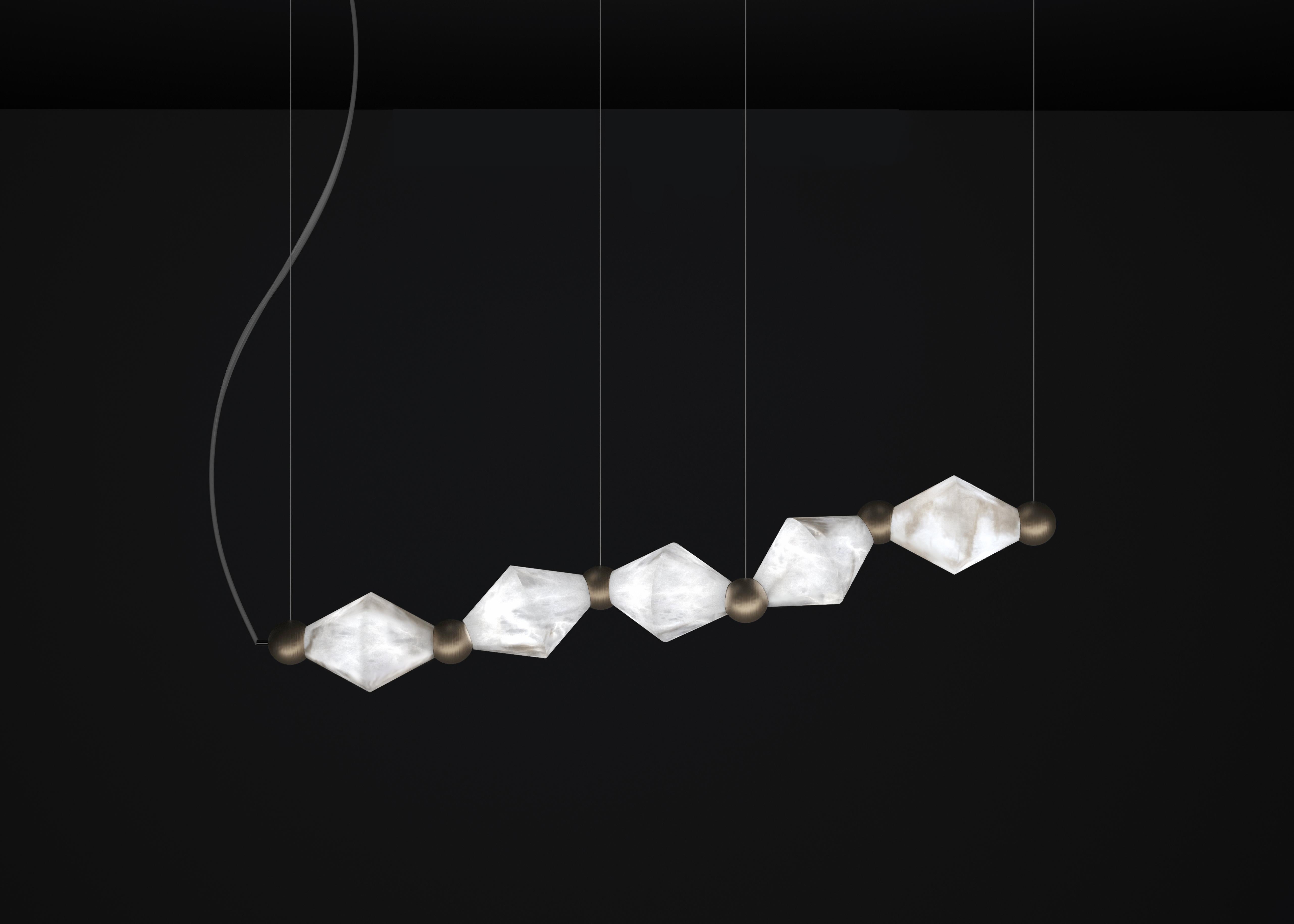 Chronos Brushed Burnished Metal Pendant Lamp by Alabastro Italiano
Dimensions: D 21 x W 142 x H 31 cm.
Materials: White alabaster and metal.

Available in different finishes: Shiny Silver, Bronze, Brushed Brass, Ruggine of Florence, Brushed