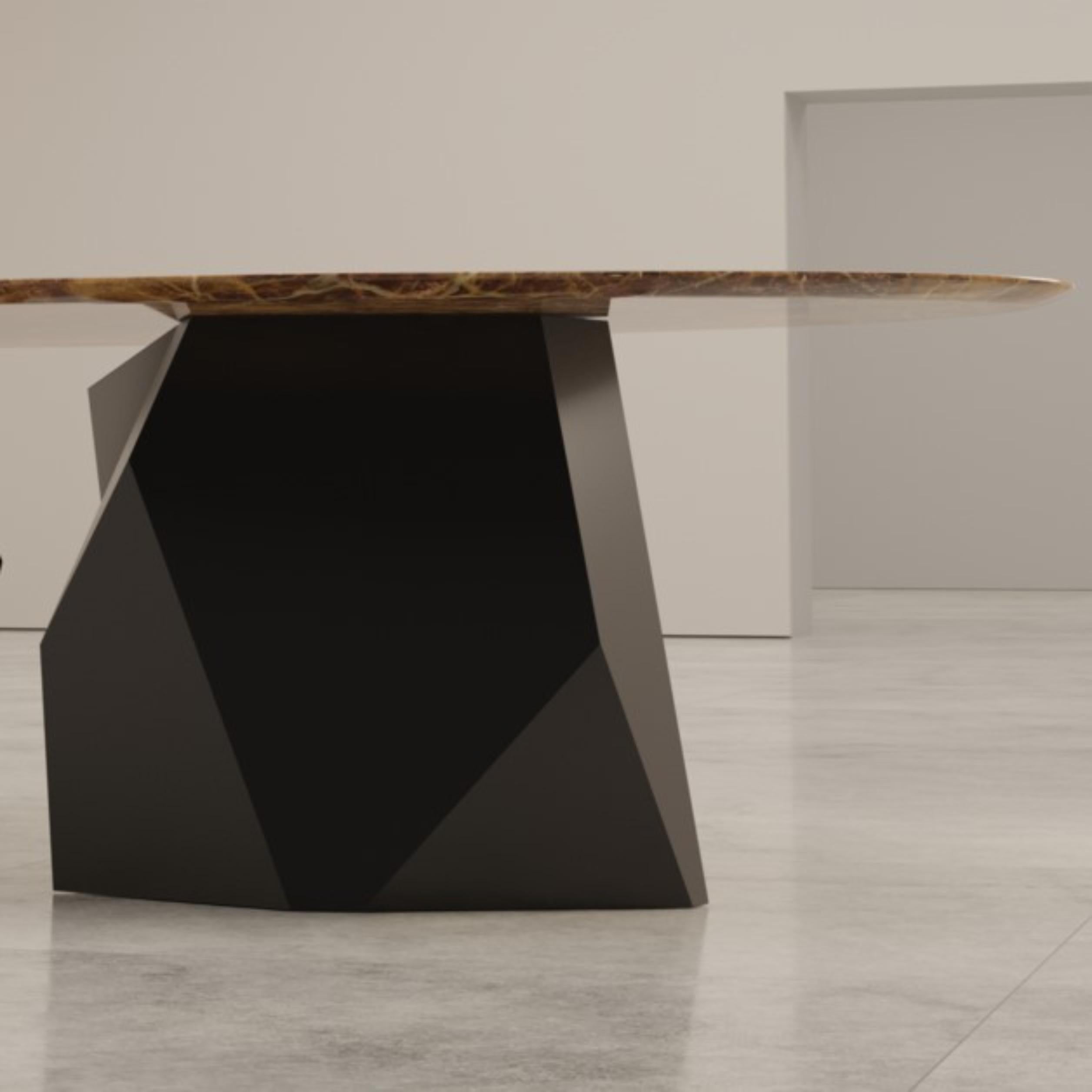 Chronos dining table by Duffy London
Dimensions: W 300 x D 140 x H 75 cm
Materials: marble, steel

Available in the following finishes:

Base sections: 
Mirror-polished stainless steel in silver, rose-gold, gold, metallic blue or red
Brushed