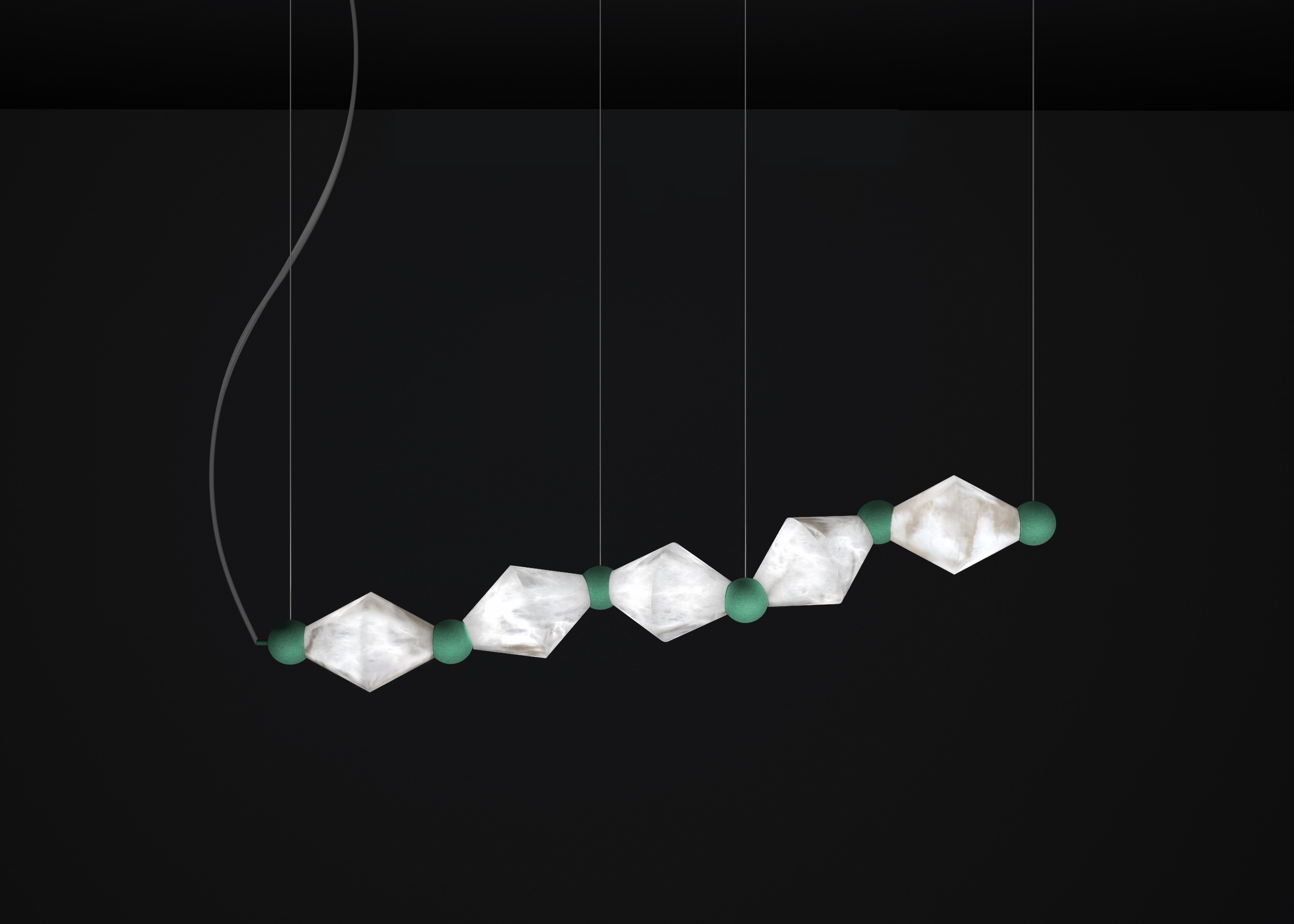 Chronos Freedom Green Metal Pendant Lamp by Alabastro Italiano
Dimensions: D 21 x W 142 x H 31 cm.
Materials: White alabaster and metal.

Available in different finishes: Shiny Silver, Bronze, Brushed Brass, Ruggine of Florence, Brushed Burnished,
