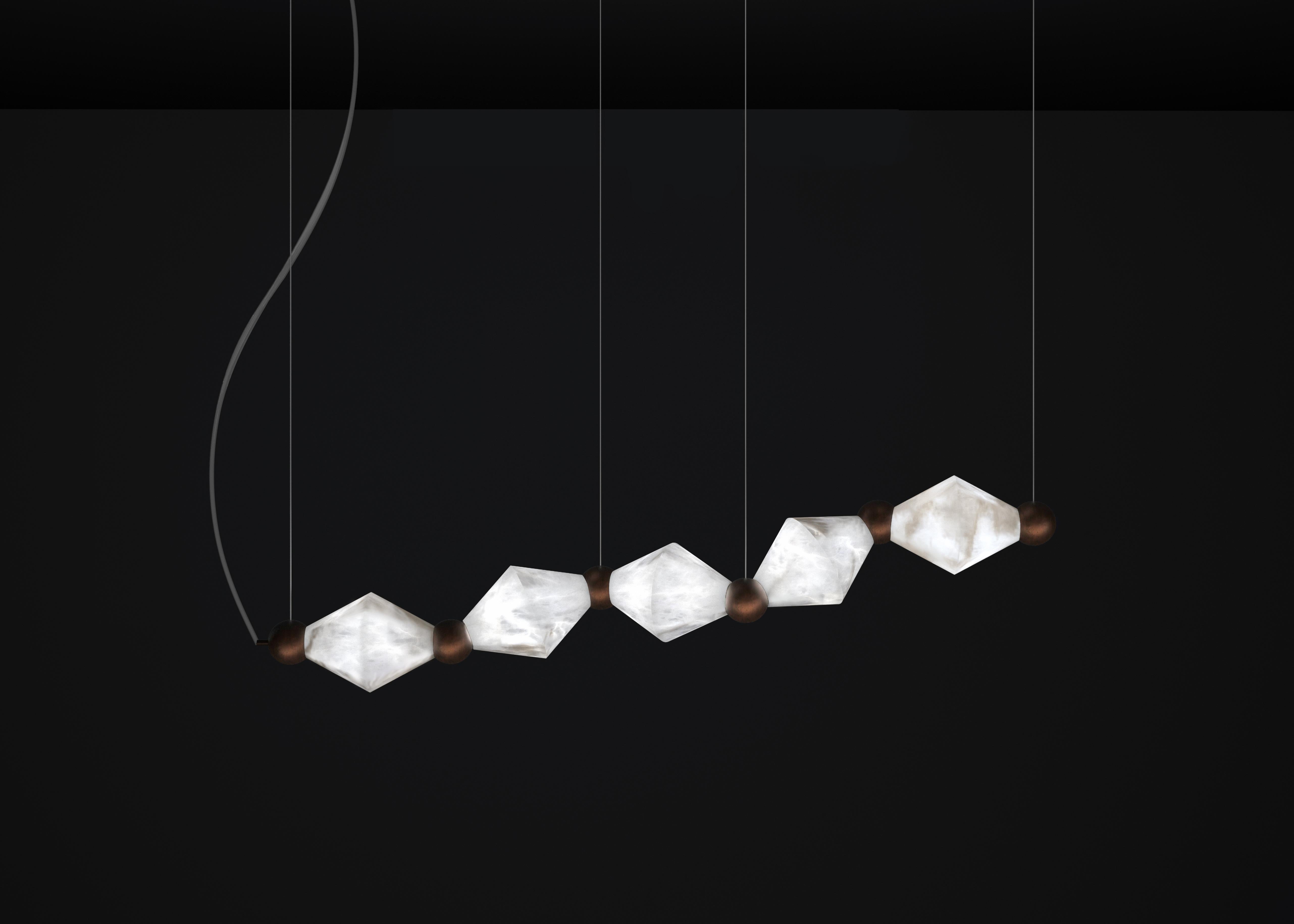 Chronos Ruggine Of Florence Metal Pendant Lamp by Alabastro Italiano
Dimensions: D 21 x W 142 x H 31 cm.
Materials: White alabaster and metal.

Available in different finishes: Shiny Silver, Bronze, Brushed Brass, Ruggine of Florence, Brushed