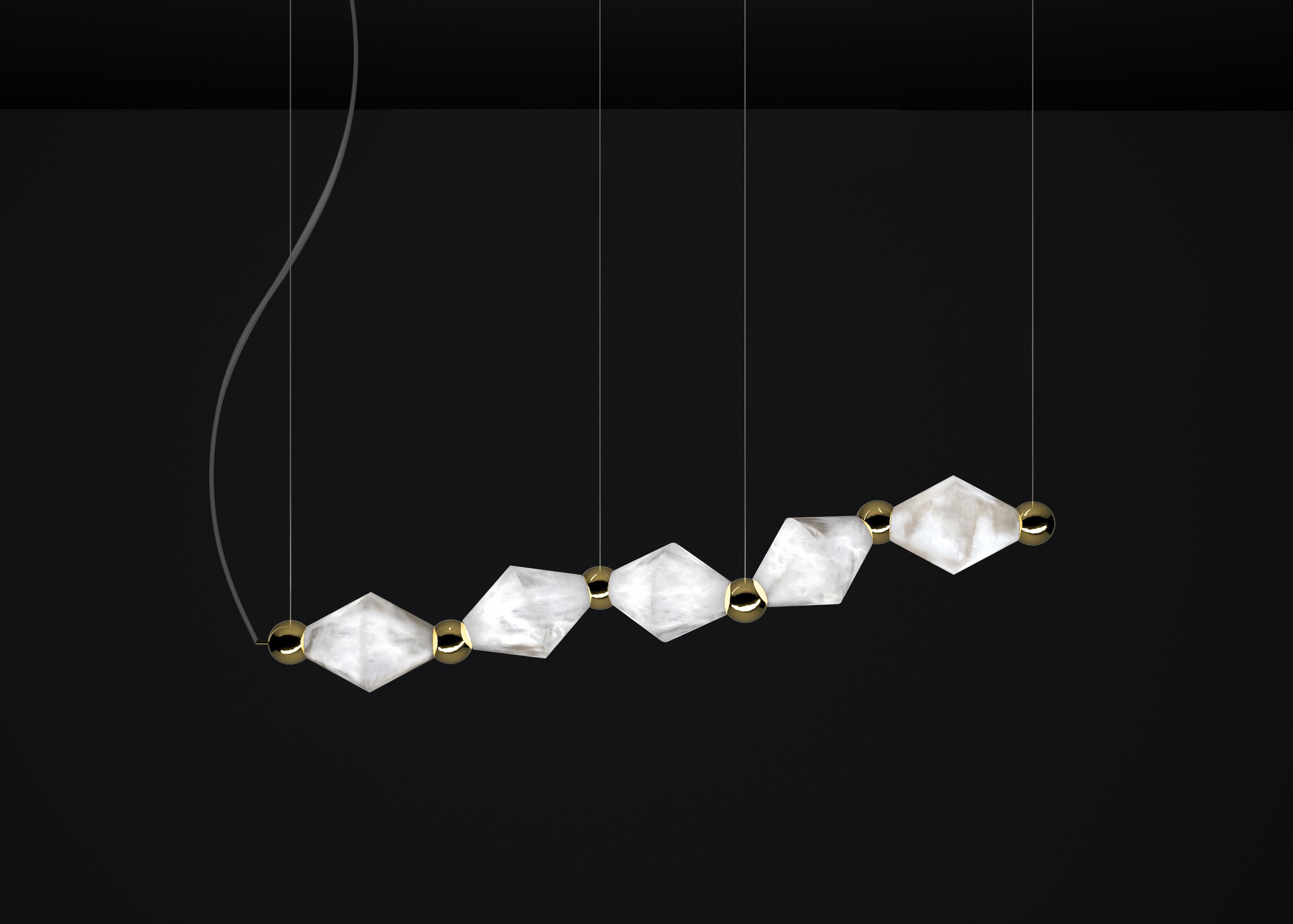Chronos Shiny Gold Metal Pendant Lamp by Alabastro Italiano
Dimensions: D 21 x W 142 x H 31 cm.
Materials: White alabaster and metal.

Available in different finishes: Shiny Silver, Bronze, Brushed Brass, Ruggine of Florence, Brushed Burnished,