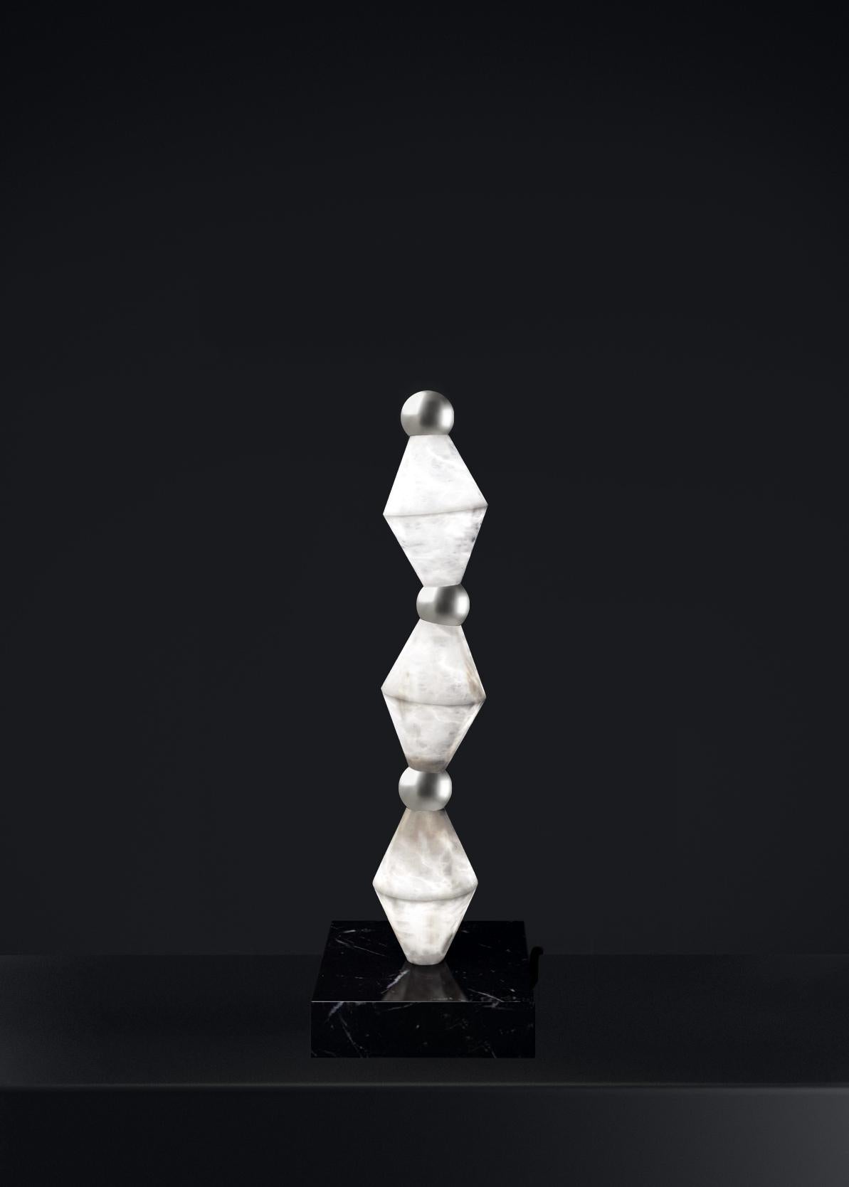 Chronos Shiny Silver Table Lamp by Alabastro Italiano
Dimensions: D 15 x W 15 x H 71,5 cm.
Materials: White alabaster, marble and metal.

Available in different finishes: Shiny Silver, Bronze, Brushed Brass, Ruggine of Florence, Brushed Burnished,