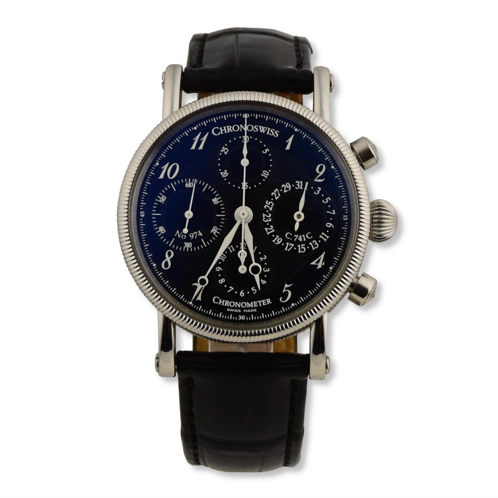 A classic Chronoswiss Mens Chronograph Chronometer watch, features:

- Stainless steel case with 38 mm (measured without crown), stainless pushers and crown, exhibition case back
- Black Guilloche dial Signed Chronoswiss Chronometer Swiss Made,