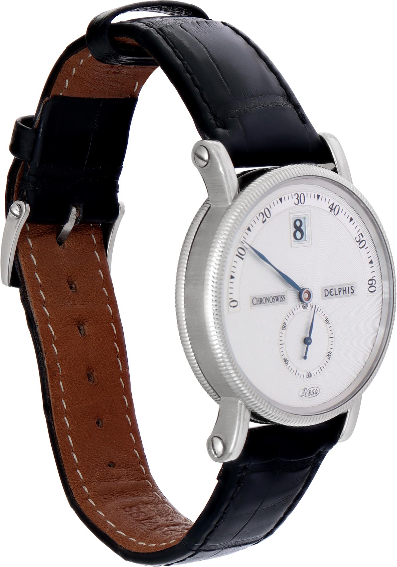 Chronoswiss Delphis Jumping Hour Armbanduhr Silber Guilloché Zifferblatt Ref CH 1421 W im Zustand „Hervorragend“ im Angebot in Surfside, FL