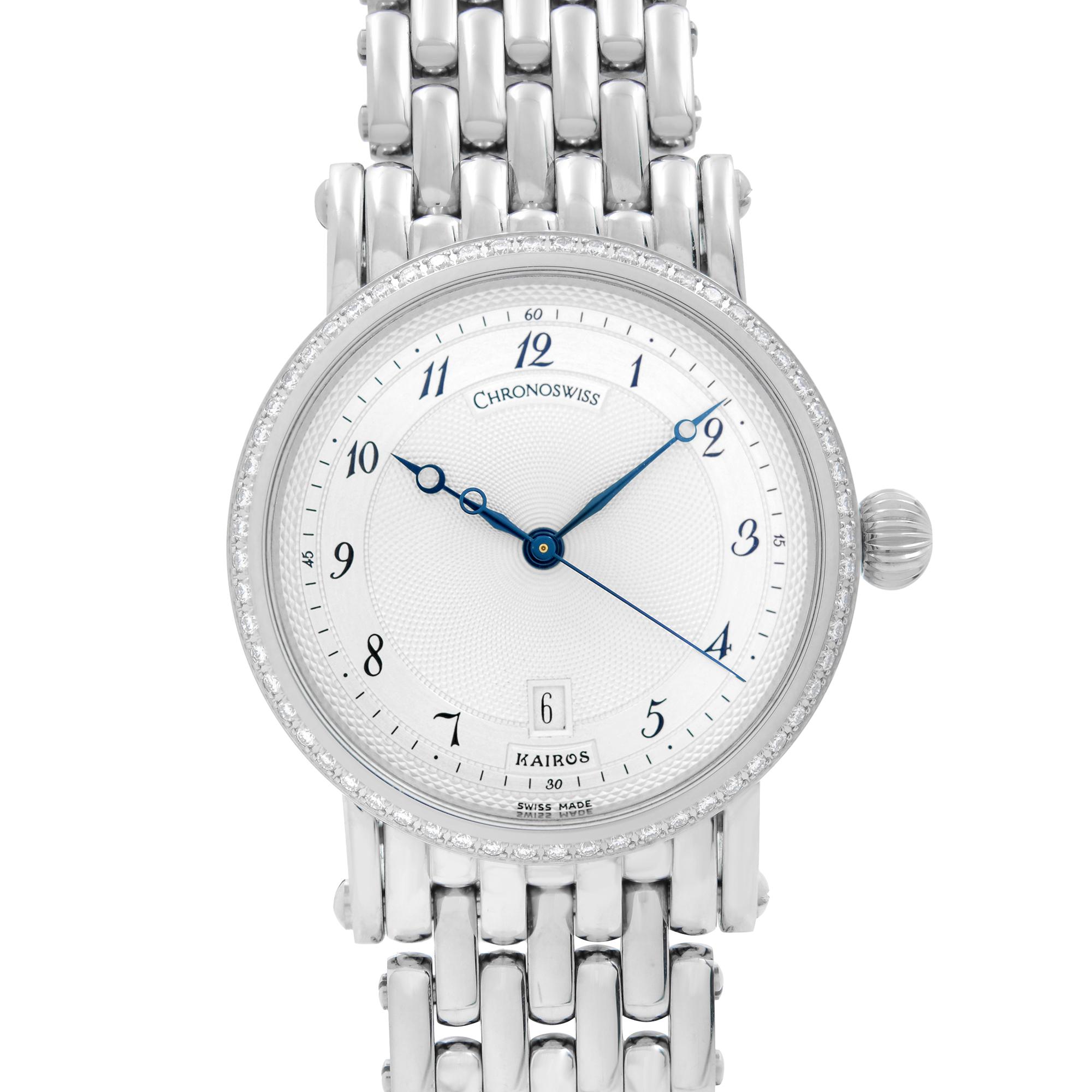 Pre-owned Chronoswiss Kairos 30mm Stahl Diamant Silber Zifferblatt Automatik Damenuhr CH2023D. Dieser schöne Zeitmesser verfügt über: Edelstahl-Gehäuse und Armband:: feste Lünette aus Edelstahl mit Diamanten besetzt:: Silber Guilloche-Zifferblatt