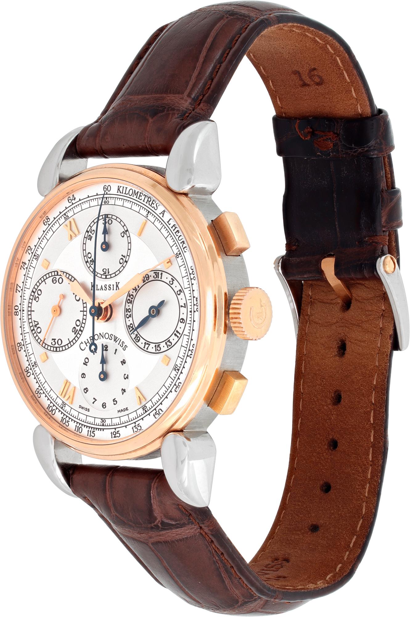 Chronoswiss Klassik in stainless steel and 18K rose gold on an original Chronoswiss brown alligator strap with a tang buckle. Auto with date, sub-seconds and chronograph. 37 mm case size. Ref CH7402R. Fine Pre-owned Chronoswiss Watch.

 Certified
