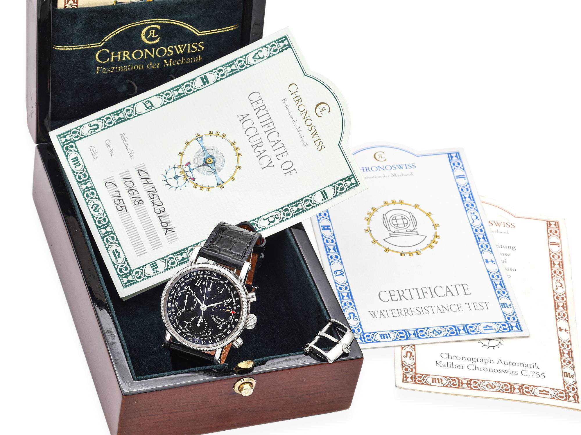 Classic Chronoswiss Lunar Chronograph CH7523 watch is made out of Stainless steel on a Black Leather strap. This Chronoswiss watch has a 38 x 38 mm case with a Round caseback and Black Arabic Numeral dial. Automatic movement under glass w/