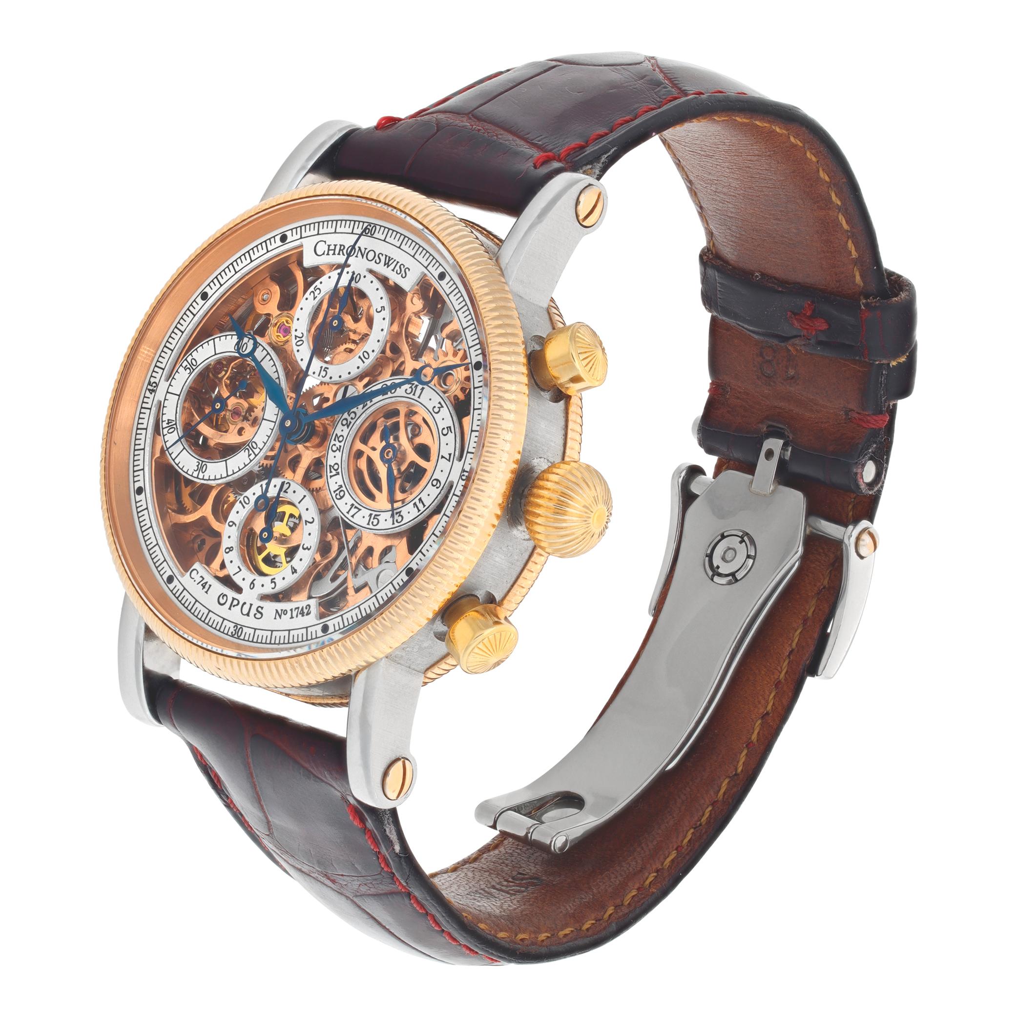 Chronoswiss Opus Skeleton in 18k gold and stainless steel on original Chronoswiss burgundy alligator strap & original deployant buckle. Auto w/ subseconds, date and chronograph. 38 mm case size. Ref ch 7522 R Fine Pre-owned Chronoswiss Watch.

