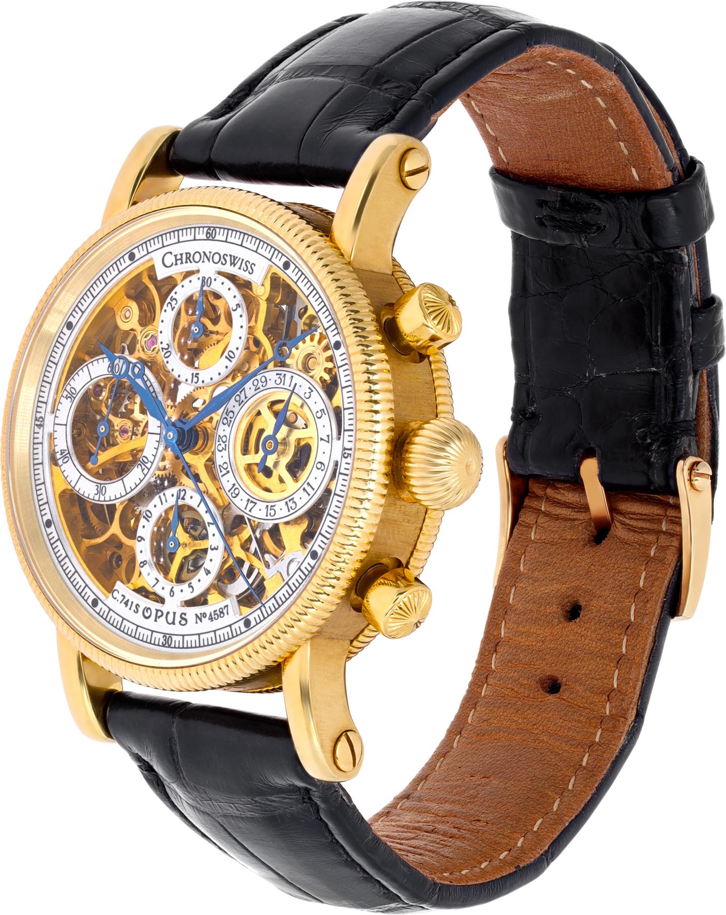 Chronoswiss Opus Skeleton in 18k yellow gold on a black leather strap with 18k yellow gold tang buckle. Auto with chronograph and sub-seconds. 37 mm case size. Ref CH 7521. Fine Pre-owned Chronoswiss Watch.

 Certified preowned Dress Chronoswiss