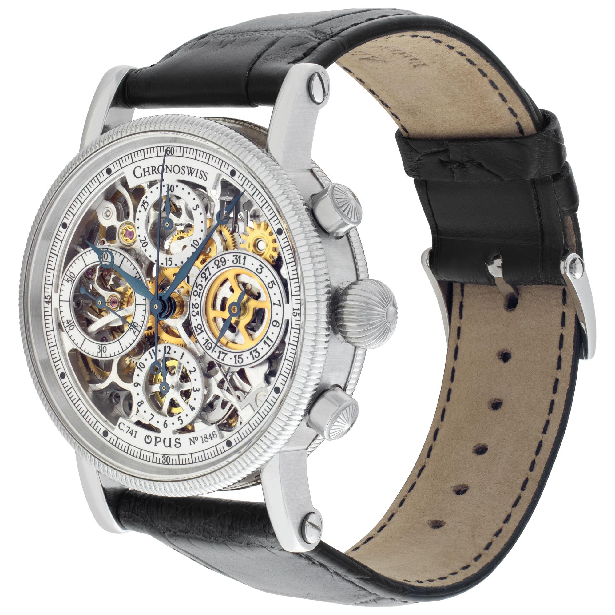 Chronoswiss Opus in stainless steel with skeletonized dial on leather strap with stainless steel Chronoswiss tang buckle. Auto w/ subseconds, date and chronograph. 38 mm case size. Fine Pre-owned Chronoswiss Watch. Certified preowned Classic