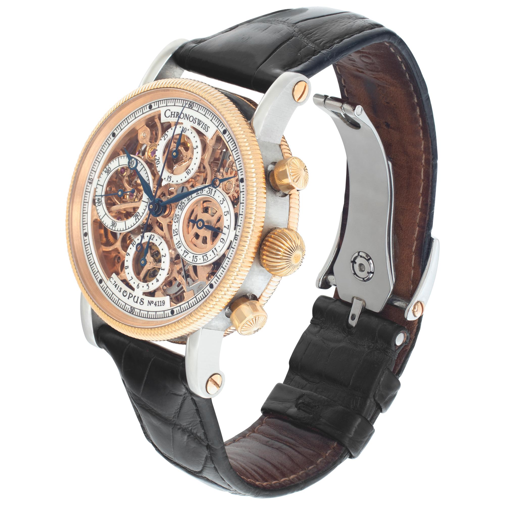 Chronoswiss Opus Skeleton in 18k rose gold & stainless steel on an alligator strap with stainless steel deployant buckle. Auto w/ subseconds, date and chronograph. 38 mm case size. With box and papers. Circa 2003. Ref ch 7522r. Fine Pre-owned